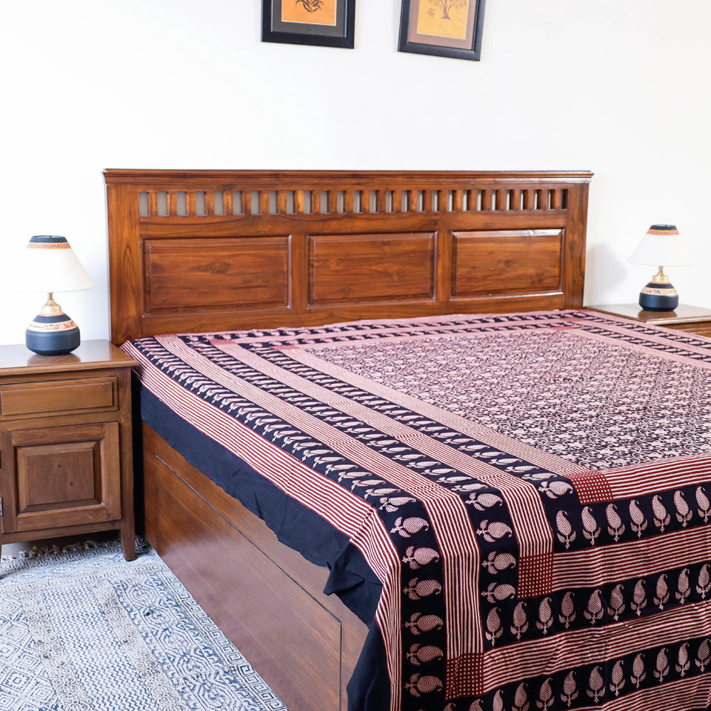 BAGH PRINTS BY UMAR FARUK KHATRI Black - Bagh Block Printed Natural Dyed Pure Cotton Double Bed Cover