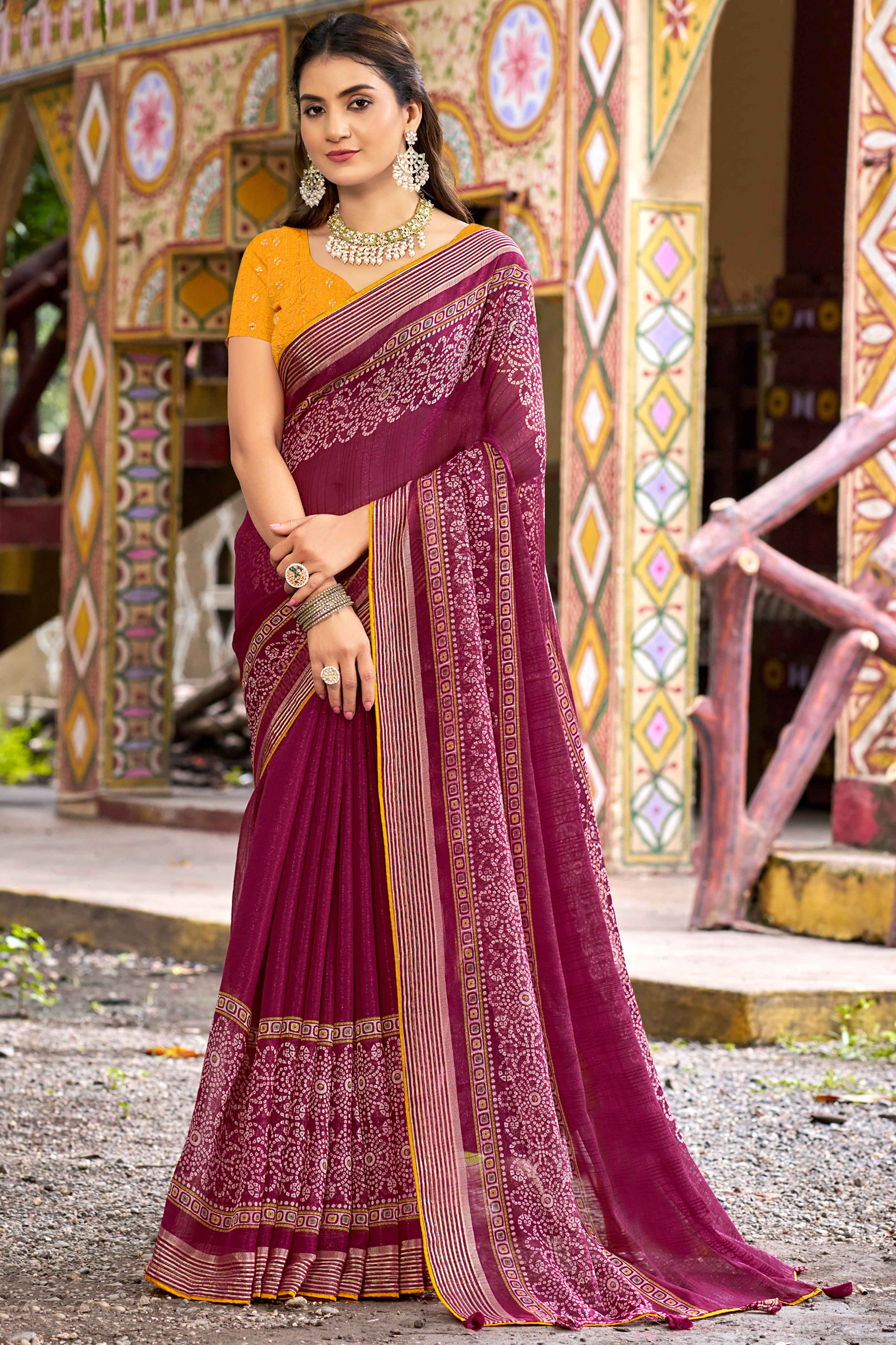 Peachmode Dark Magenta Bandhani Printed Shimmer Chiffon Saree