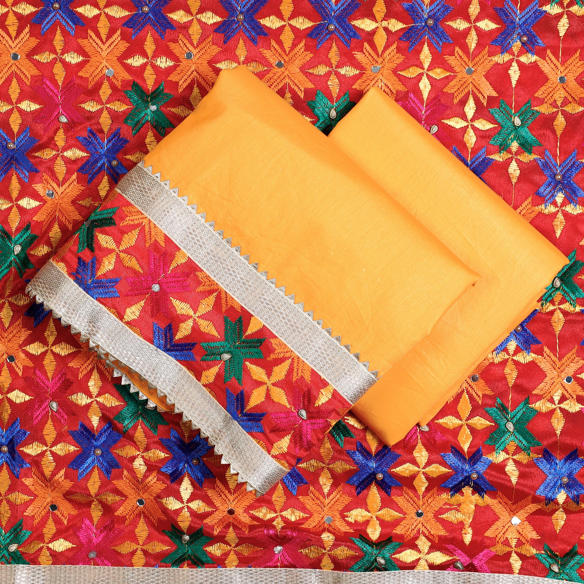 ITOKRI CRAFTS INITIATIVE Yellow - 3pc Phulkari Embroidery Glazed Cotton Suit Material Set with Chinon Dupatta 09 - view 2