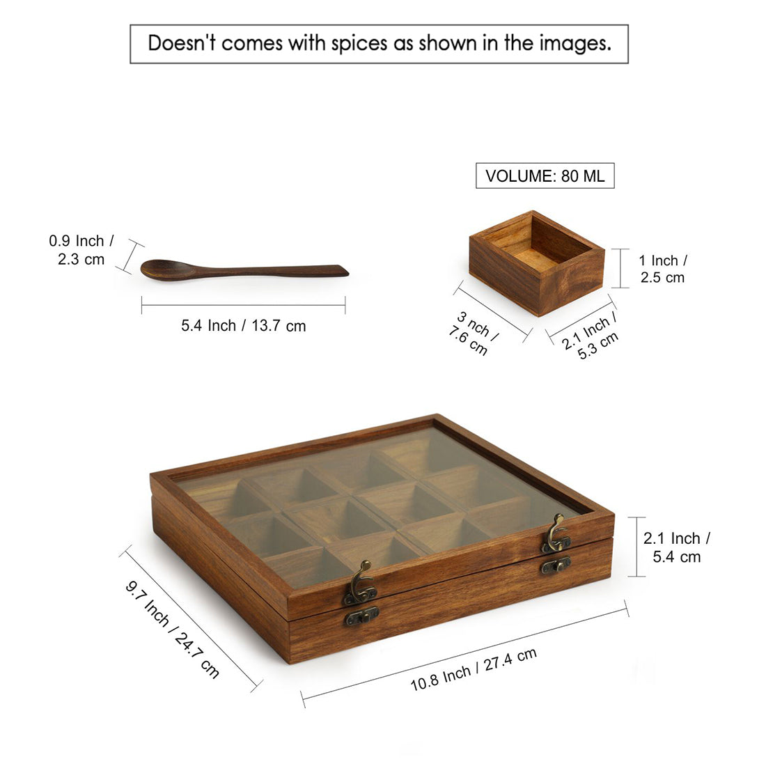 EXCLUSIVELANE 'Medley of Masalas' Handcrafted Spice Box With Spoon In Sheesham Wood (12 Containers, 80 ml) - view 7