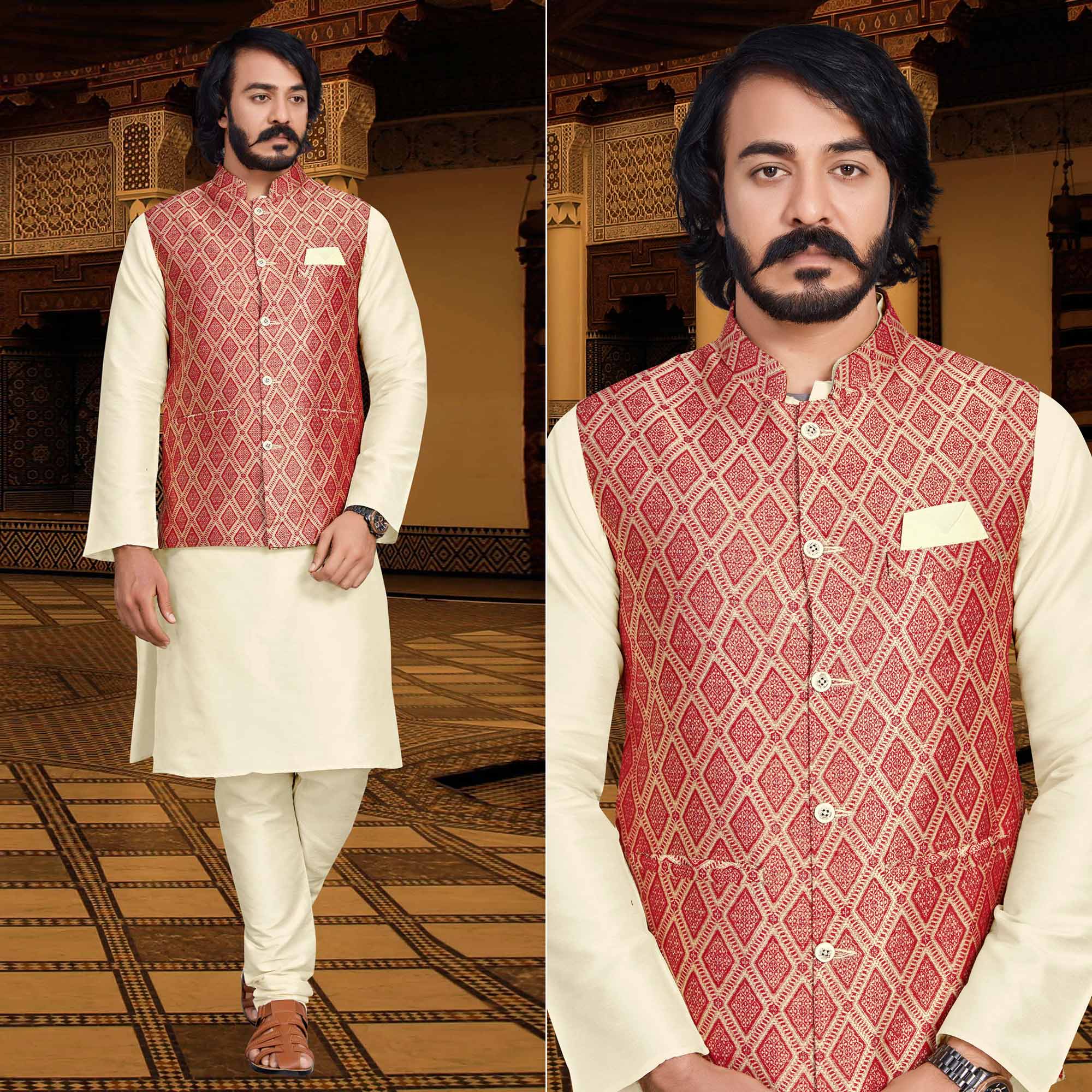 Peachmode Seller Cream Red Woven Art Silk Kurta Pyjama Set With Jacket