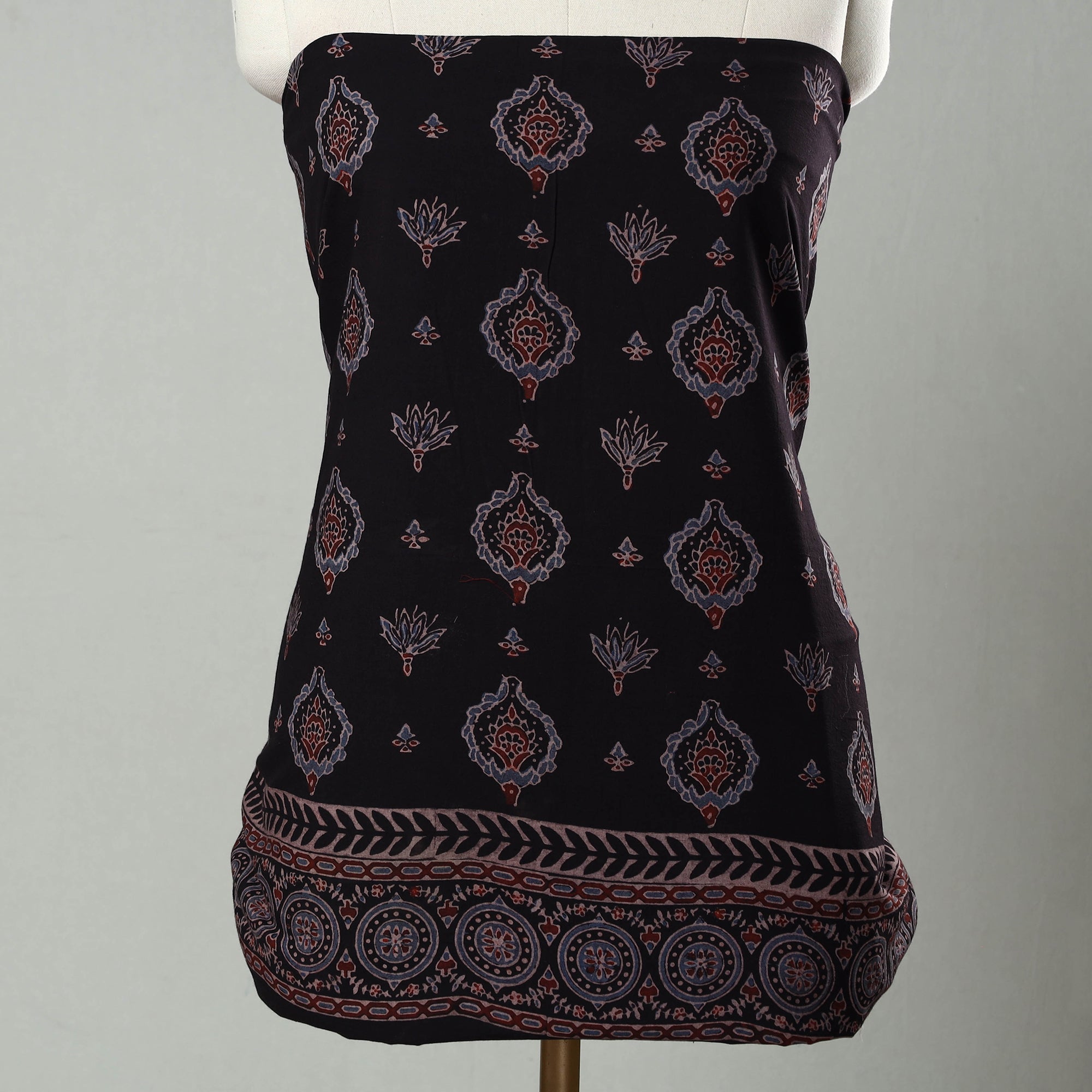 AJRAKH BY JABBAR KHATRI Black - Hand Block Print Cotton 3pc Ajrakh Dress Material 14 - view 3