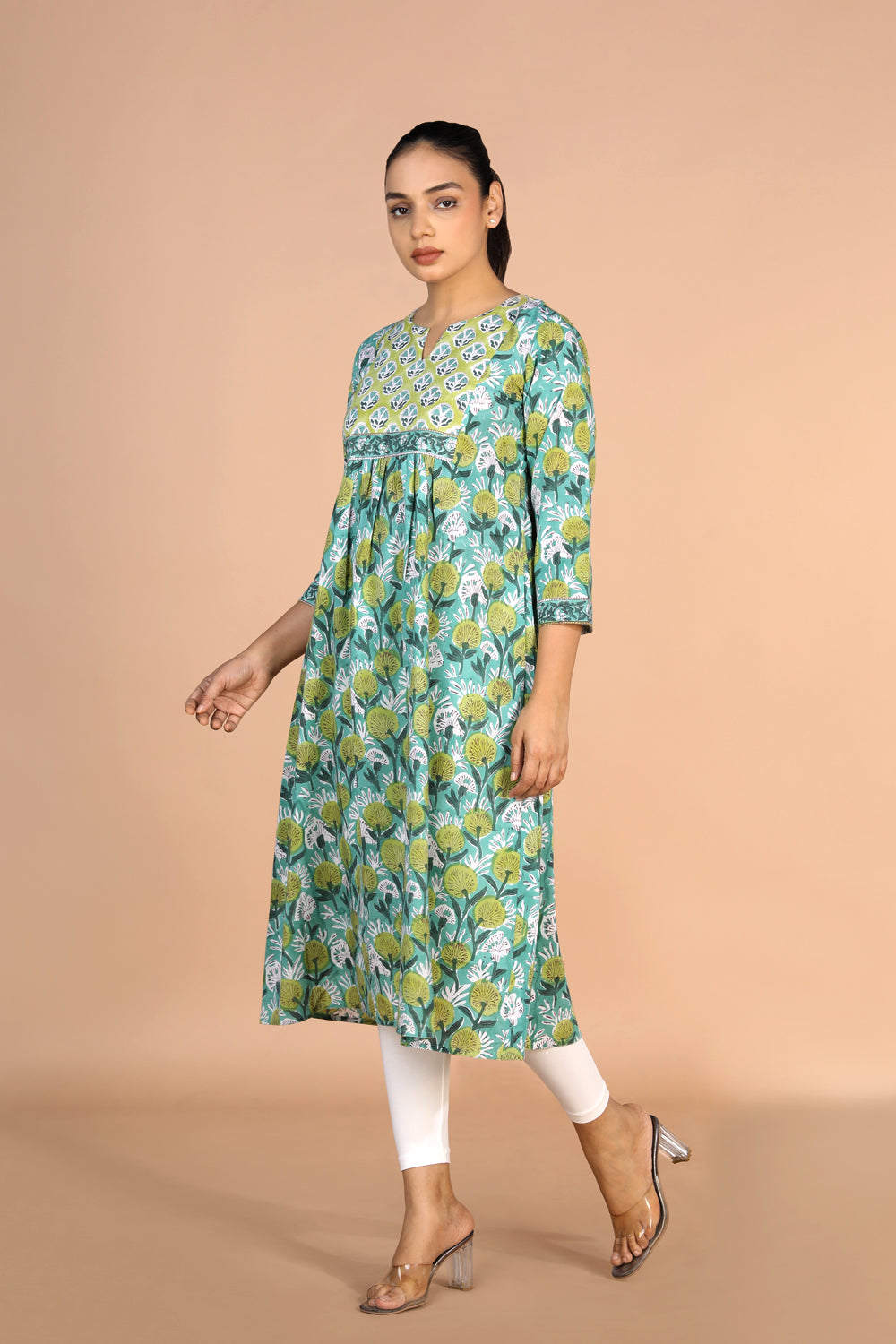 Kalanjali Ethnics Floral Aqua blue Sanganeri handblock printed cotton Kurti - view 9