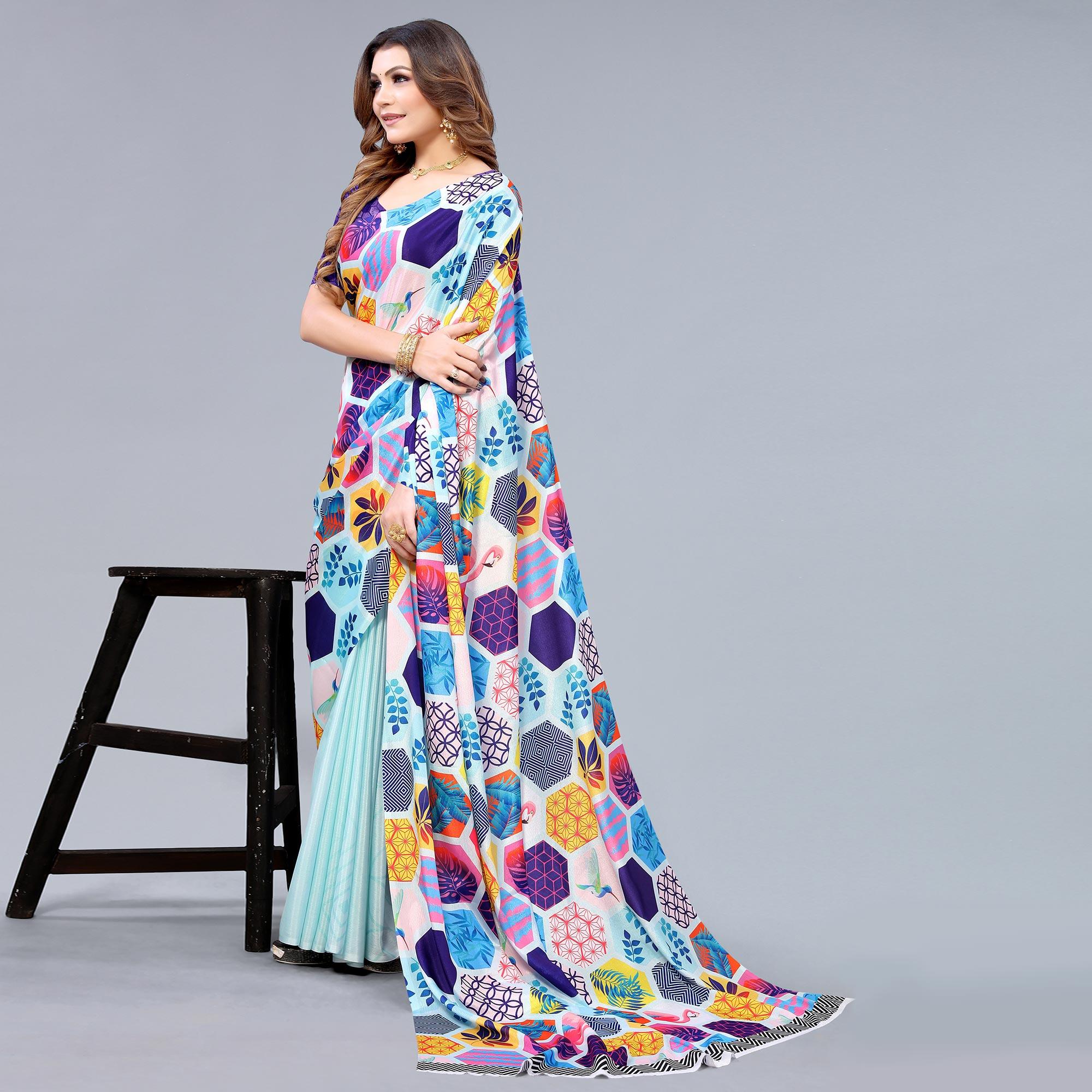 Peachmode Light Blue Floral Printed Chiffon Half and Half Saree - view 5