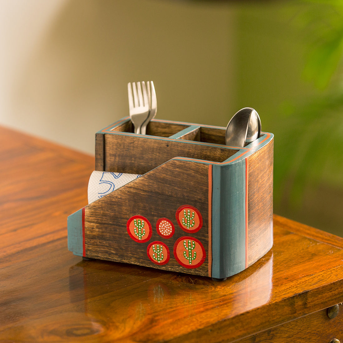 EXCLUSIVELANE 'Desert Staircase' Handpainted Cutlery Holder In Mango Wood (3 Partitions)