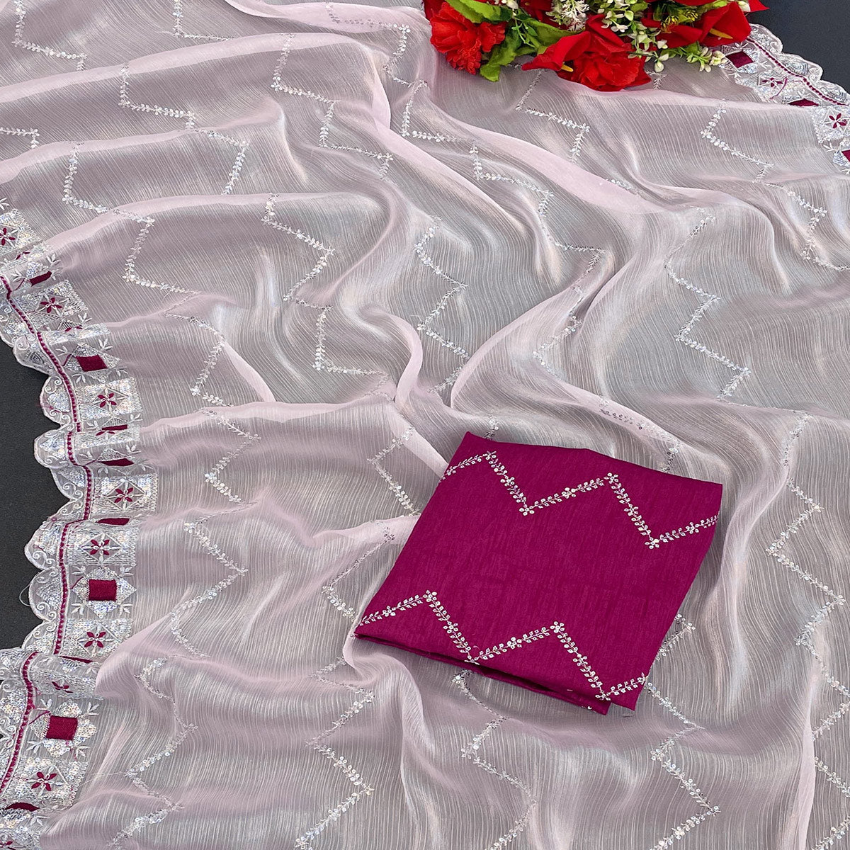 Peachmode Light Pink Sequins Embroidered Chiffon Saree - view 2