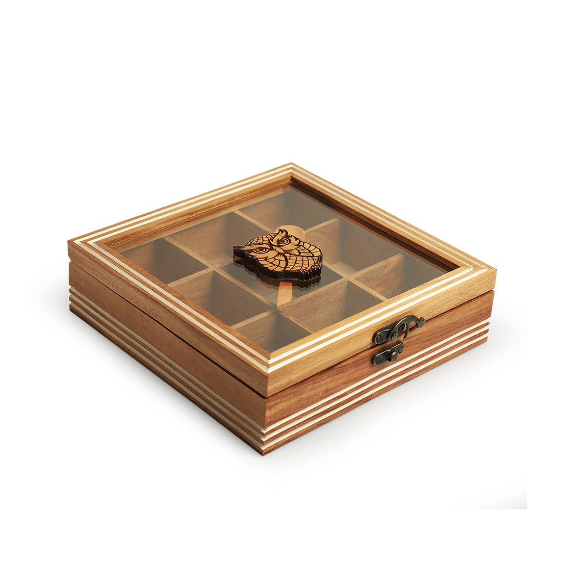 EXCLUSIVELANE 'Mystic Owl' Hand-Engraved Spice Box With Spoon In Teak Wood (9 Fixed Partitions, 110 ml) - view 2