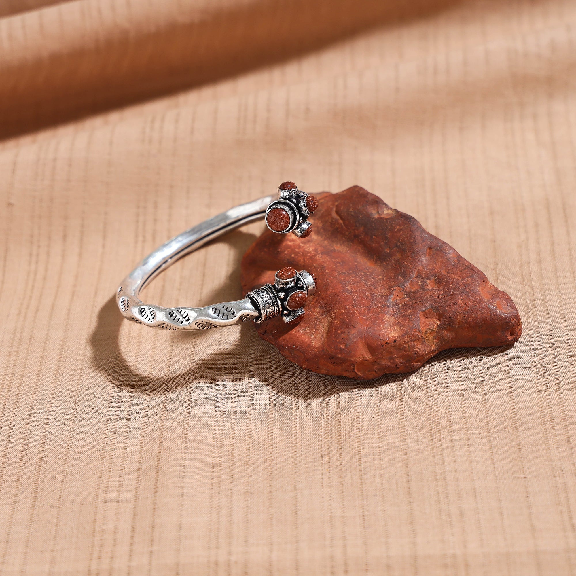 WHITE RIVER STORIES Antique Finish Oxidised German Silver Stone Bangle / Kada (Adjustable)