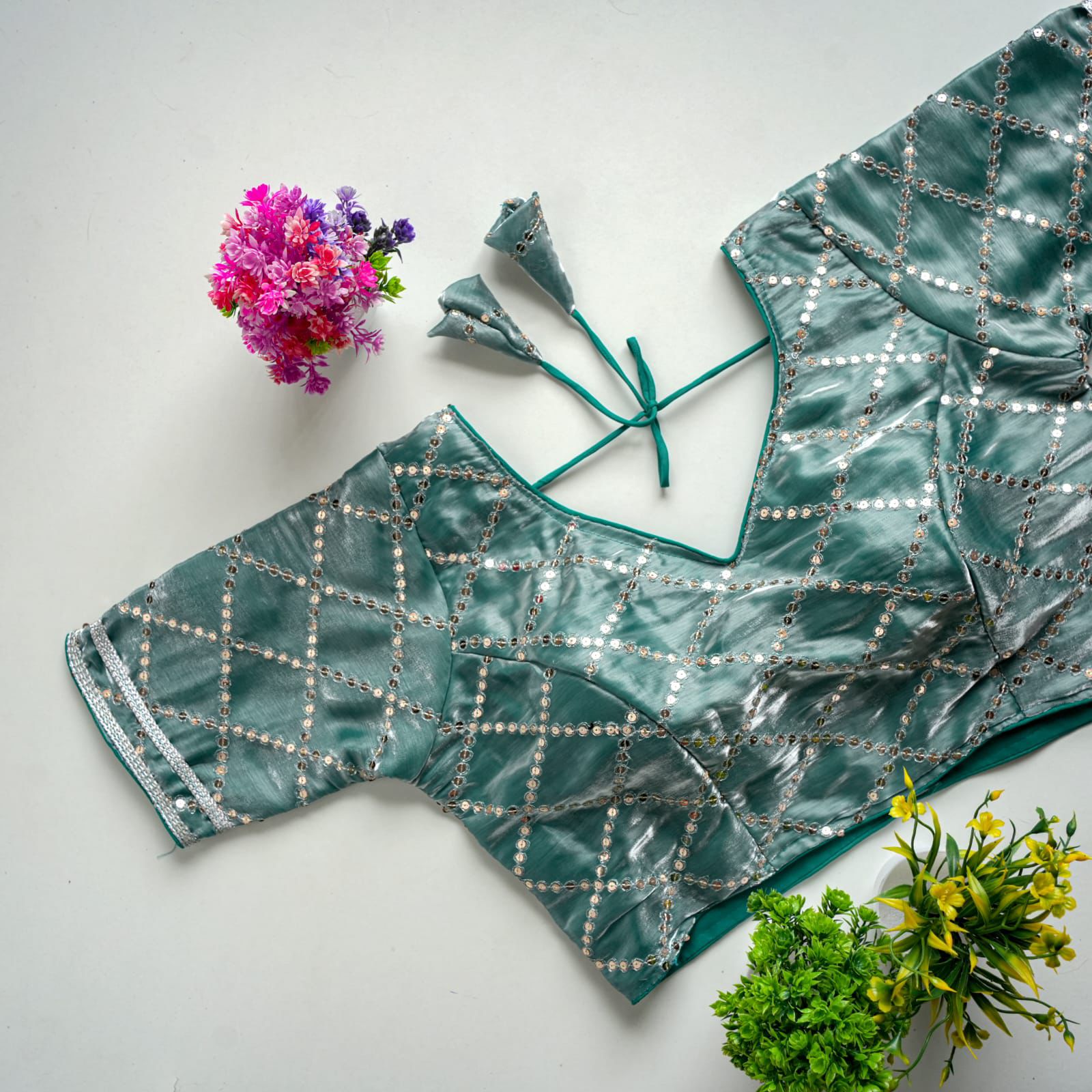 ClothsVilla Light Green Metalic Jimmy Choo Blouse with Exquisite Sequence Embroidery