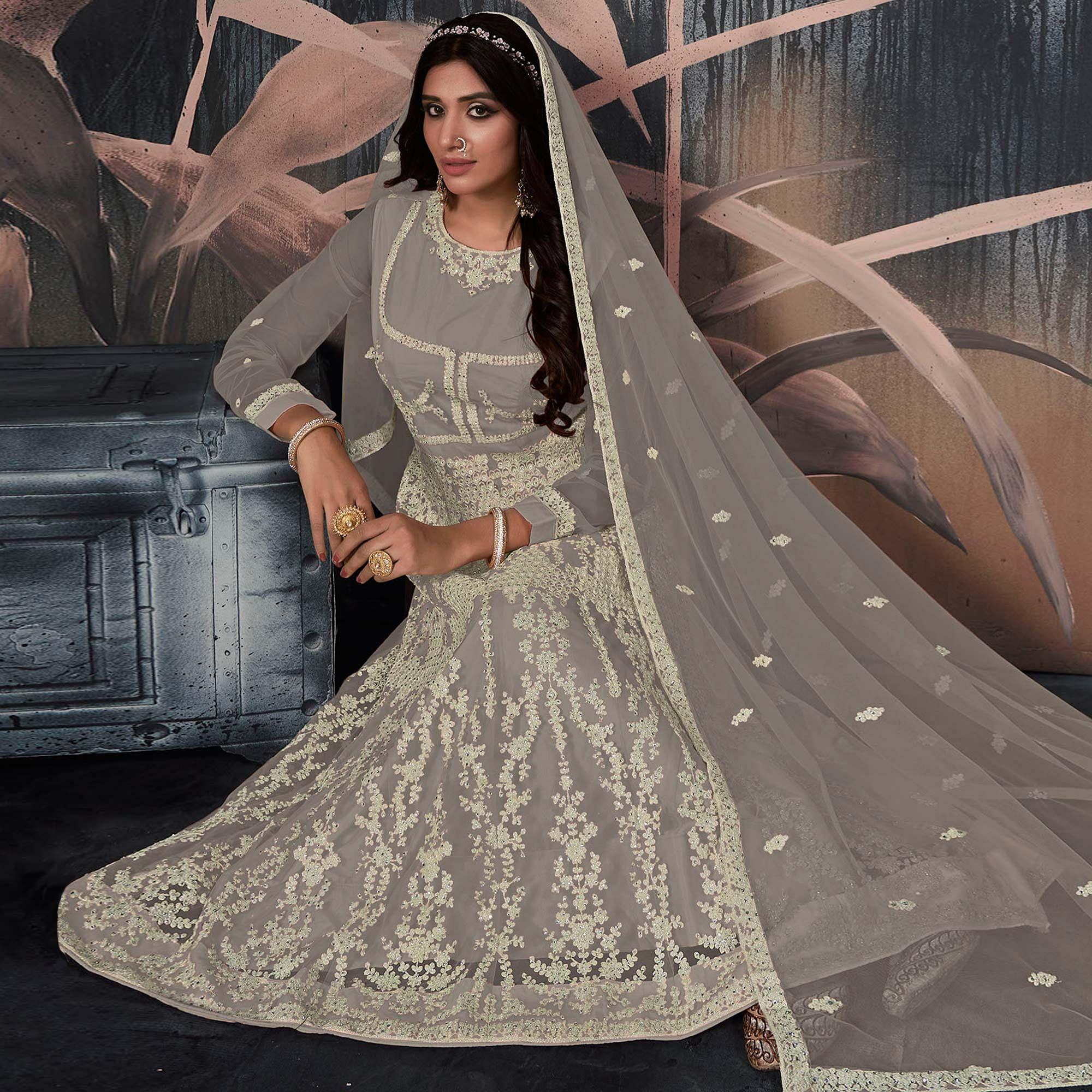 Peachmode Seller Grey Partywear Embellished With Embroidered Net Gown