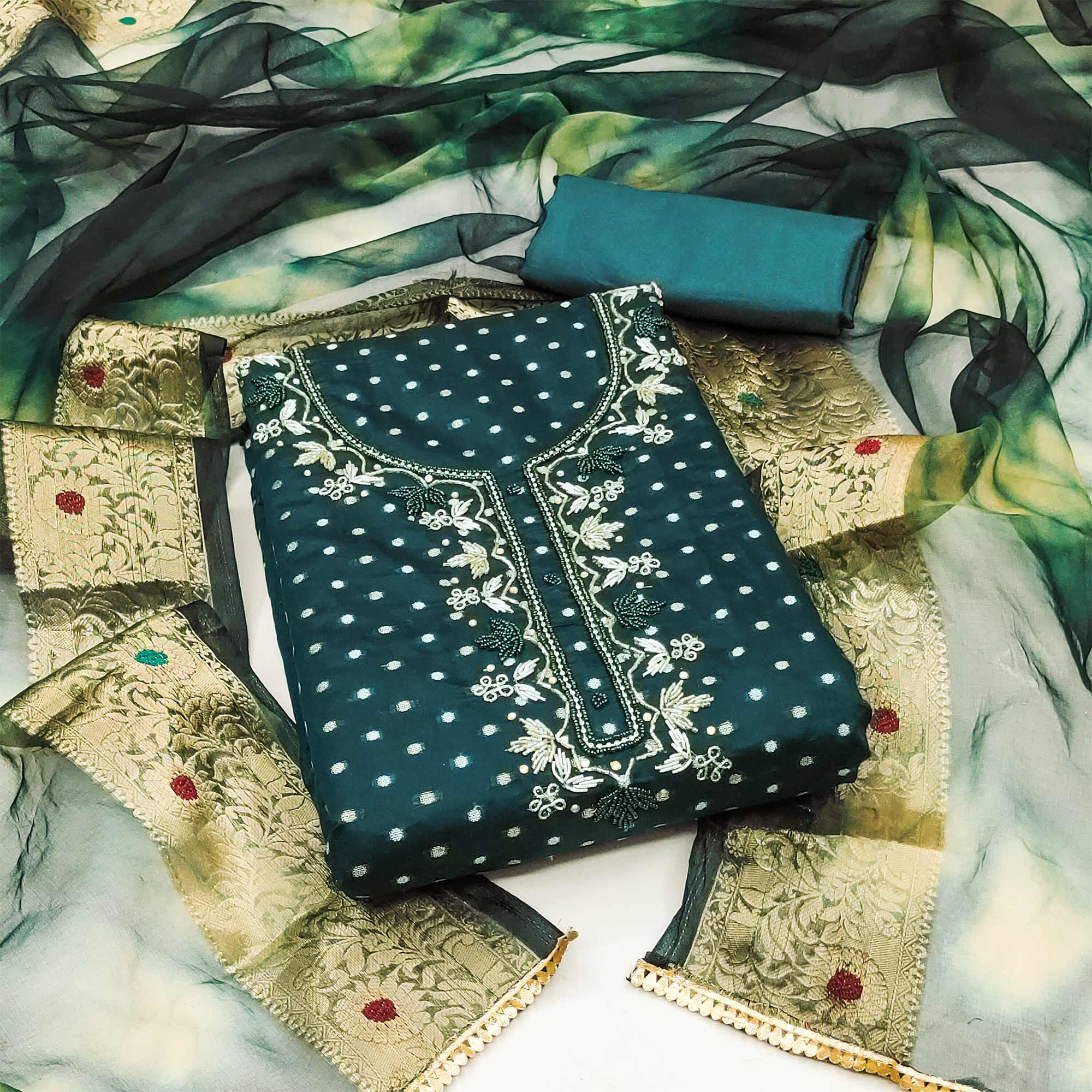 Peachmode Morpich Woven With Handwork Chanderi Silk Dress Material