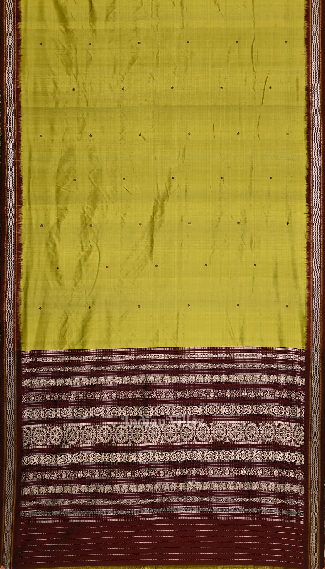 IndianVillèz Mehendi with Maroon Odisha Siminoi Silk Saree