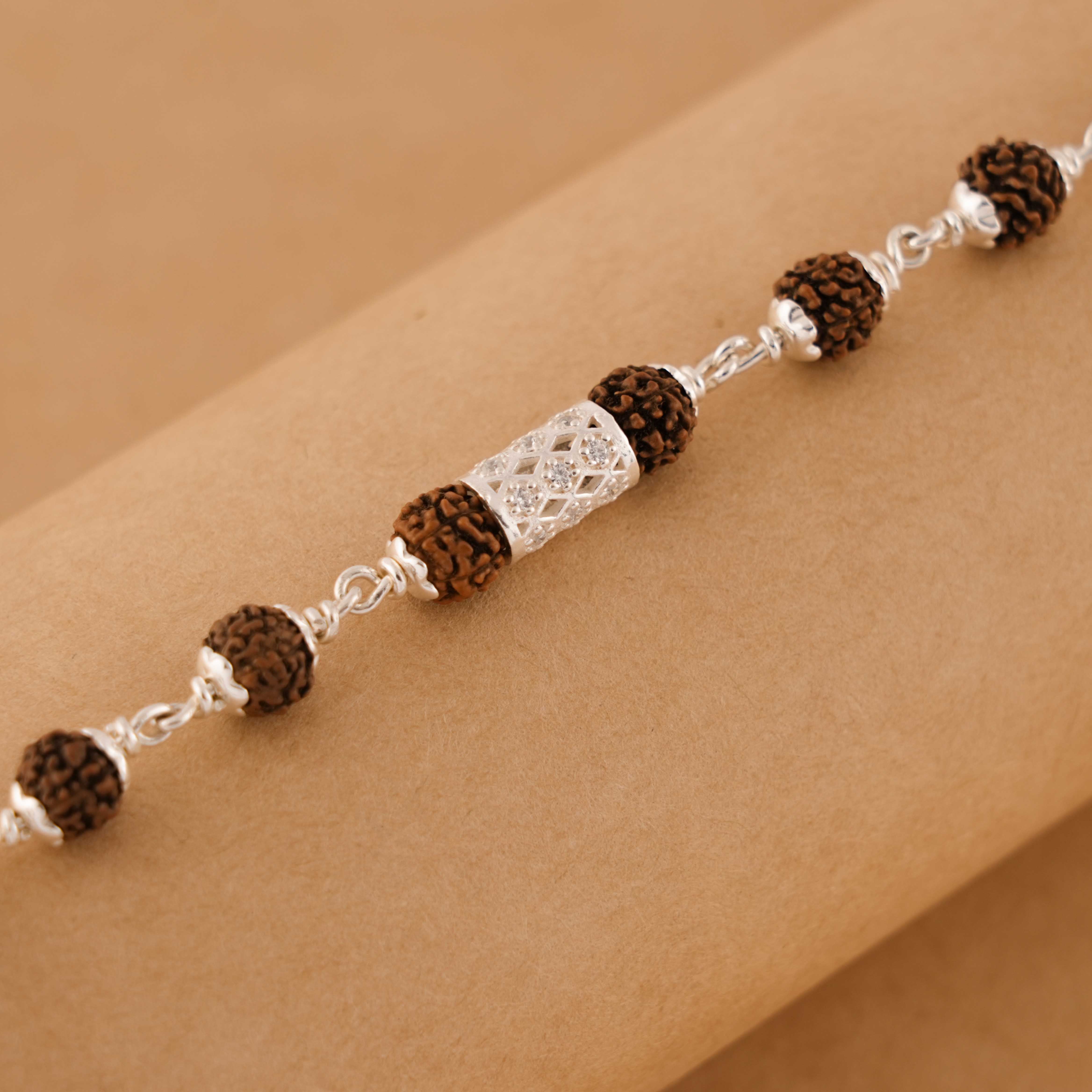 Prinjal Jewellers Silver Rakhi with Diamond Cylinder and Rudraksha - view 3