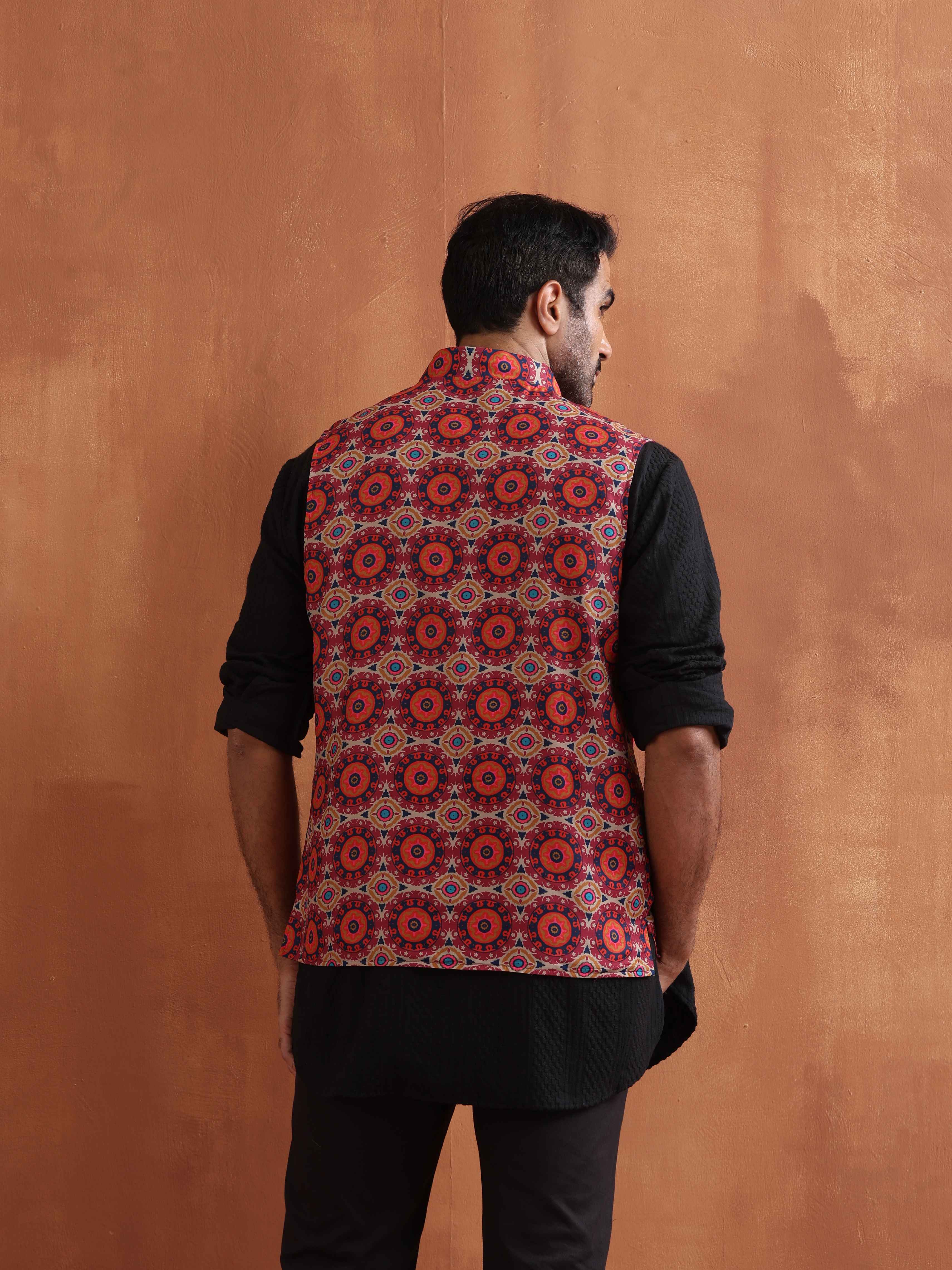 trueBrowns Men's Beige Printed Nehru Jacket - view 6
