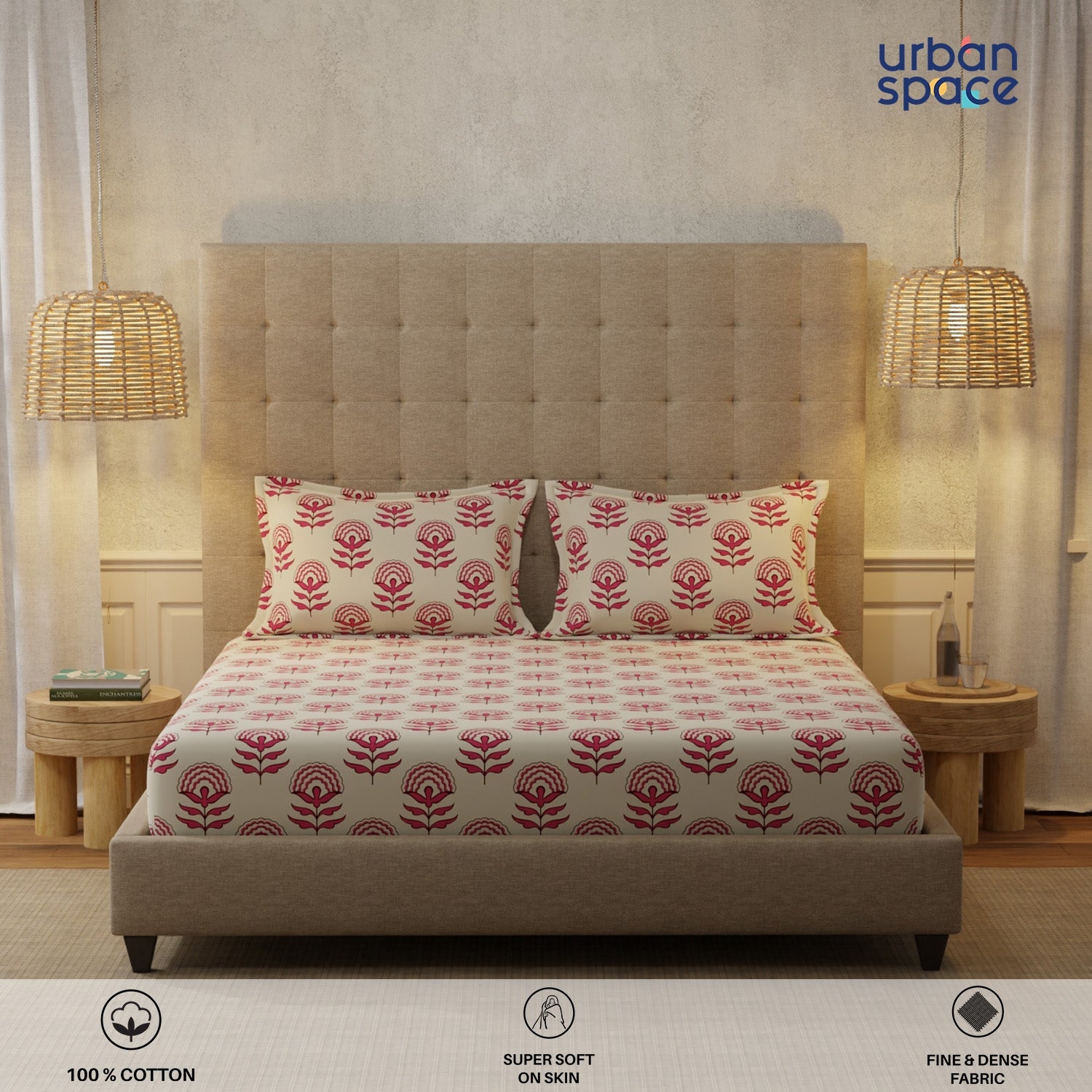 Urban Space -Home Furnishing Store Serene 200 TC 100% Cotton Single Bedsheet with Pillow Covers - Florabell Cherry Red - view 2