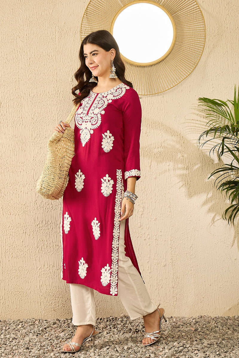 Ahika Red Viscose Rayon Solid Embroidered Straight Kurta VCK9782 - view 7