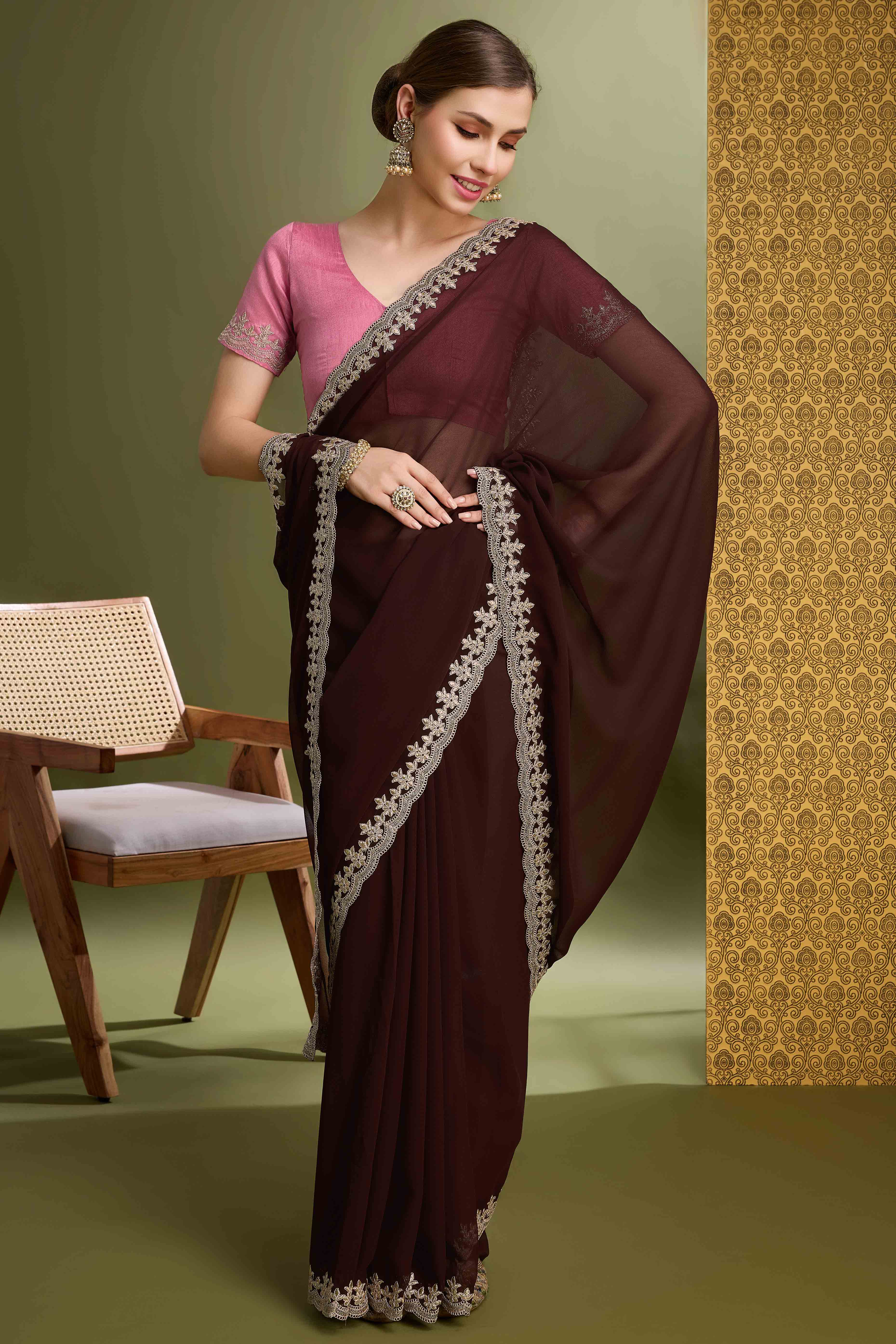 Peachmode Brown Solid With Zari Embroidered Georgette Saree