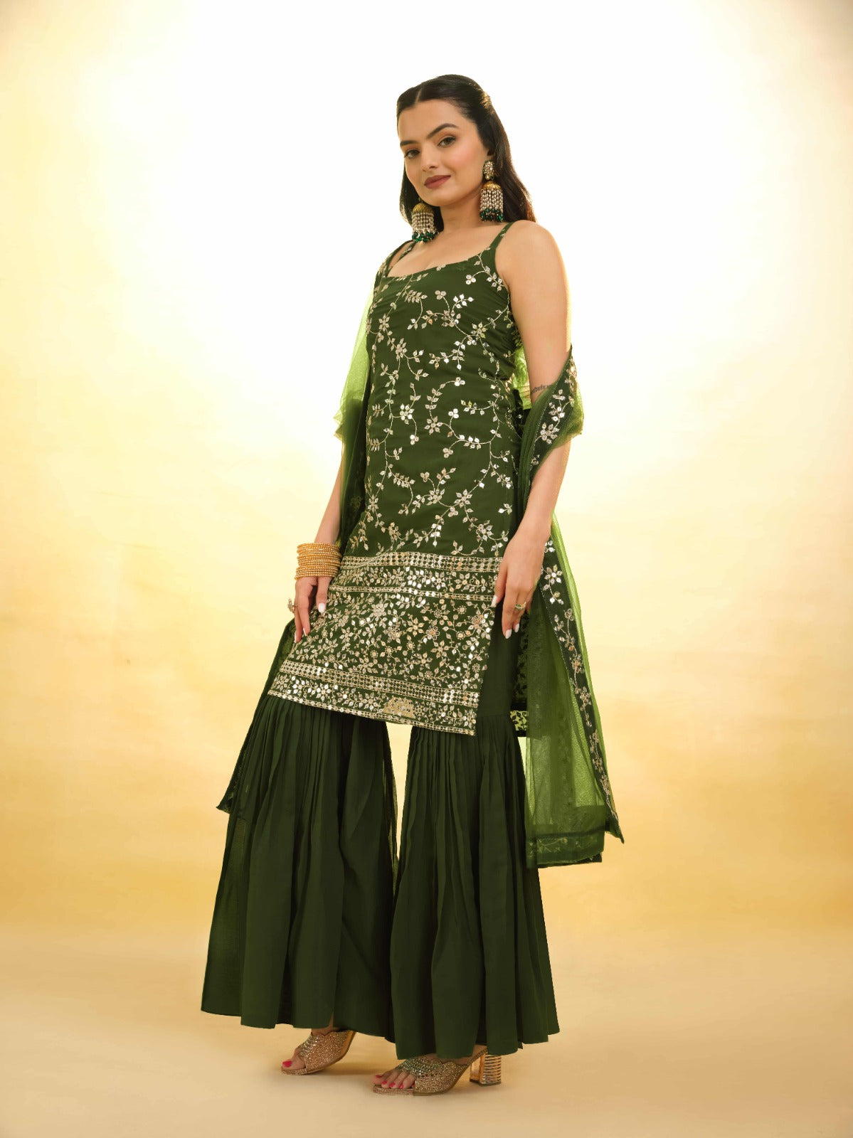ClothsVilla Mehndi Green Georgette Suit with Embroidery and Shantoon Bottom - view 2