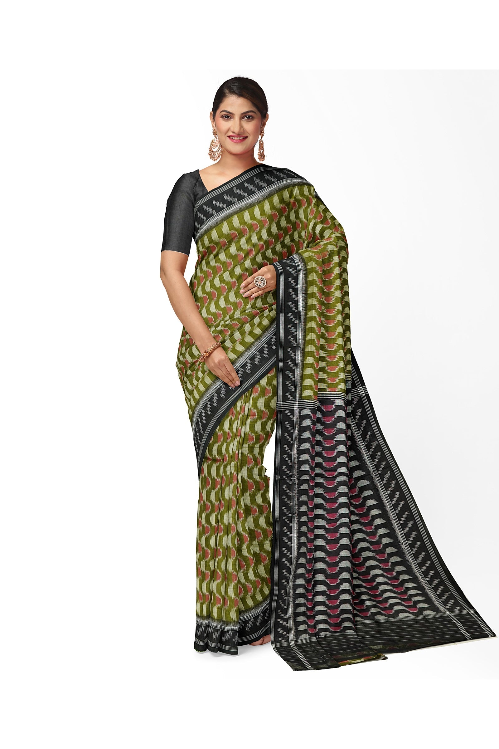 IndianVillèz Green Multi Color Pure Sambalpuri Ikat Cotton Saree