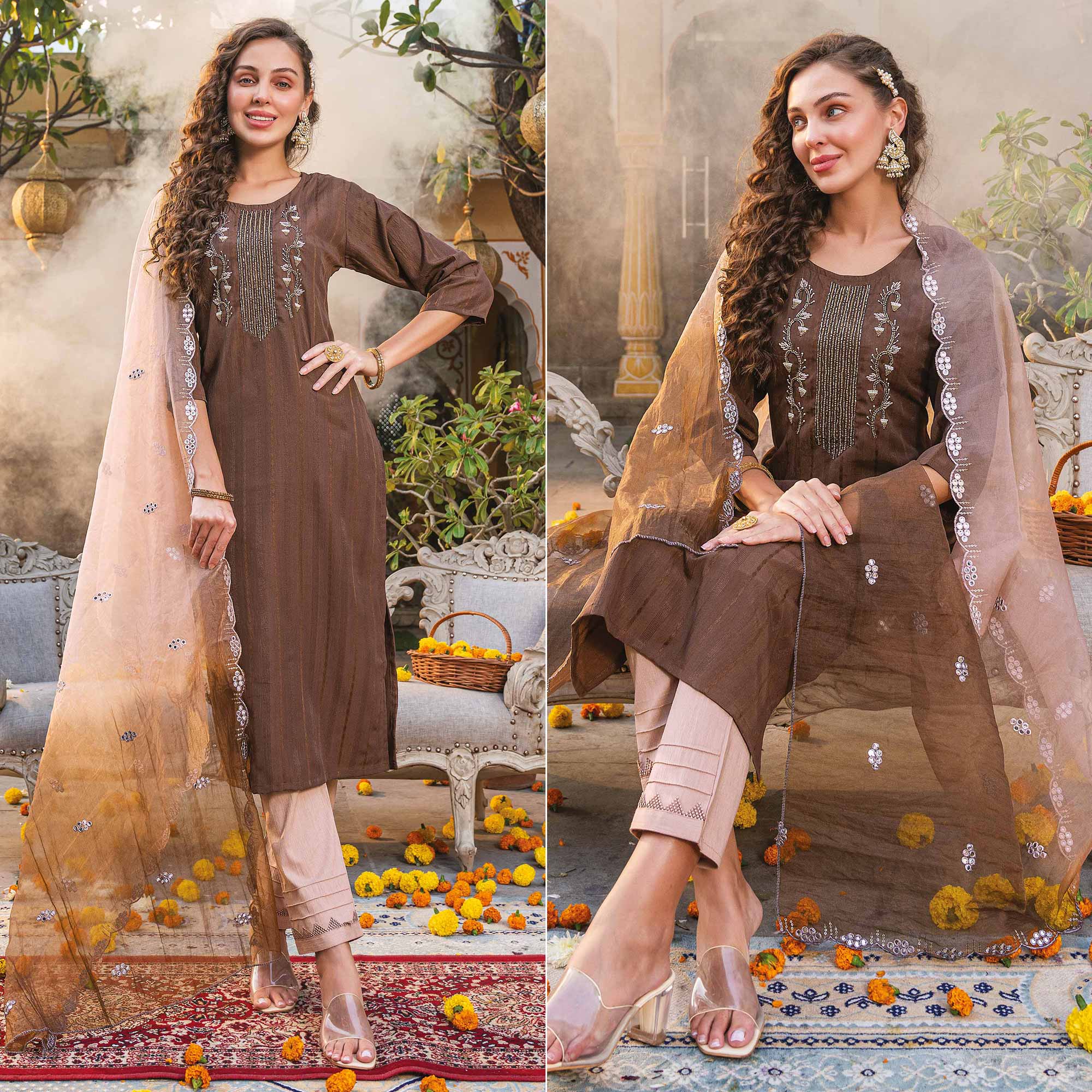 Peachmode Brown Embellished Viscose Salwar Suit