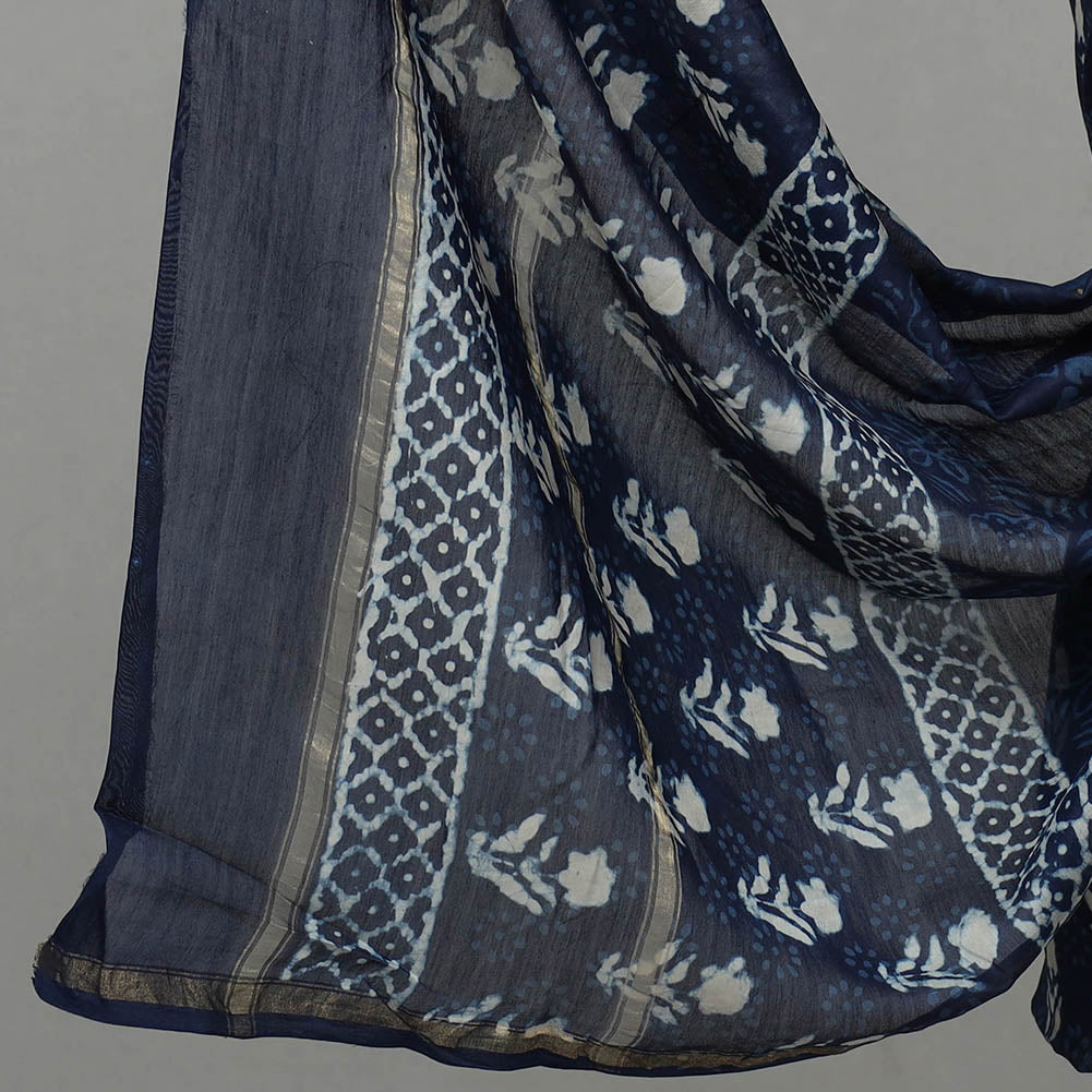 ARTISAN HAND BLOCK PRINTS Blue - 3pc Chanderi Silk Indigo Bagru Print Dress Material 08 - view 4
