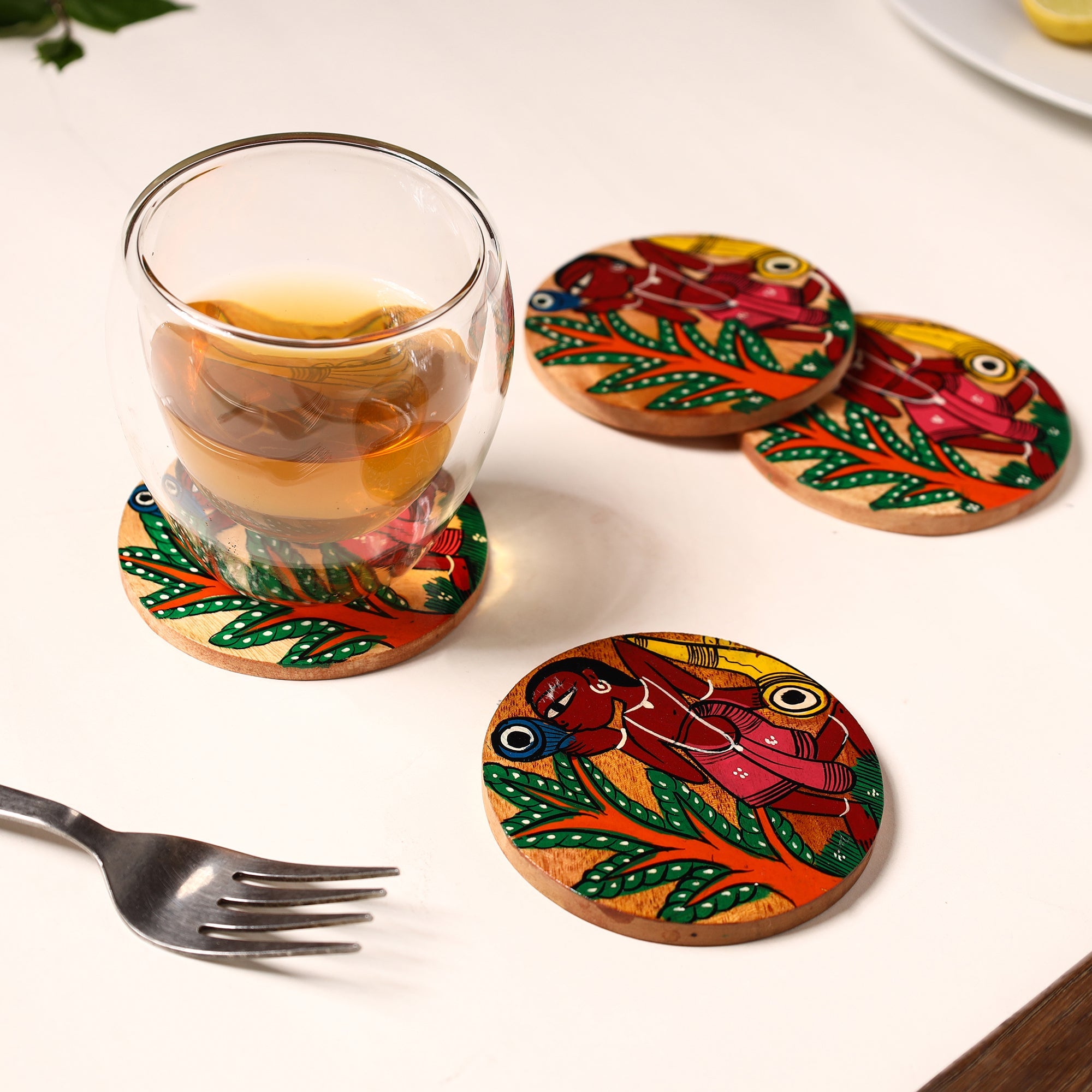 ITOKRI CRAFTS INITIATIVE Bengal Patua Handpainted Akashmoni Wooden Coasters (Set of 4) 26 - view 3