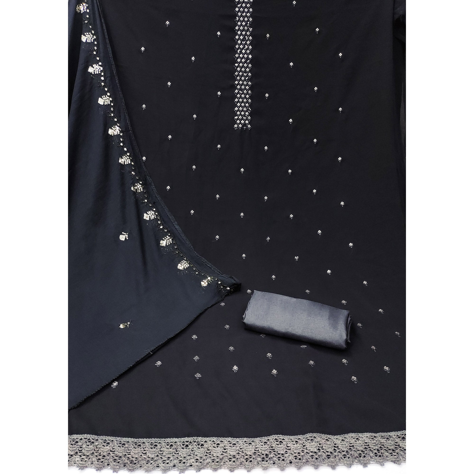 Peachmode Black Floral Sequins Embroidered Georgette Dress Material - view 4