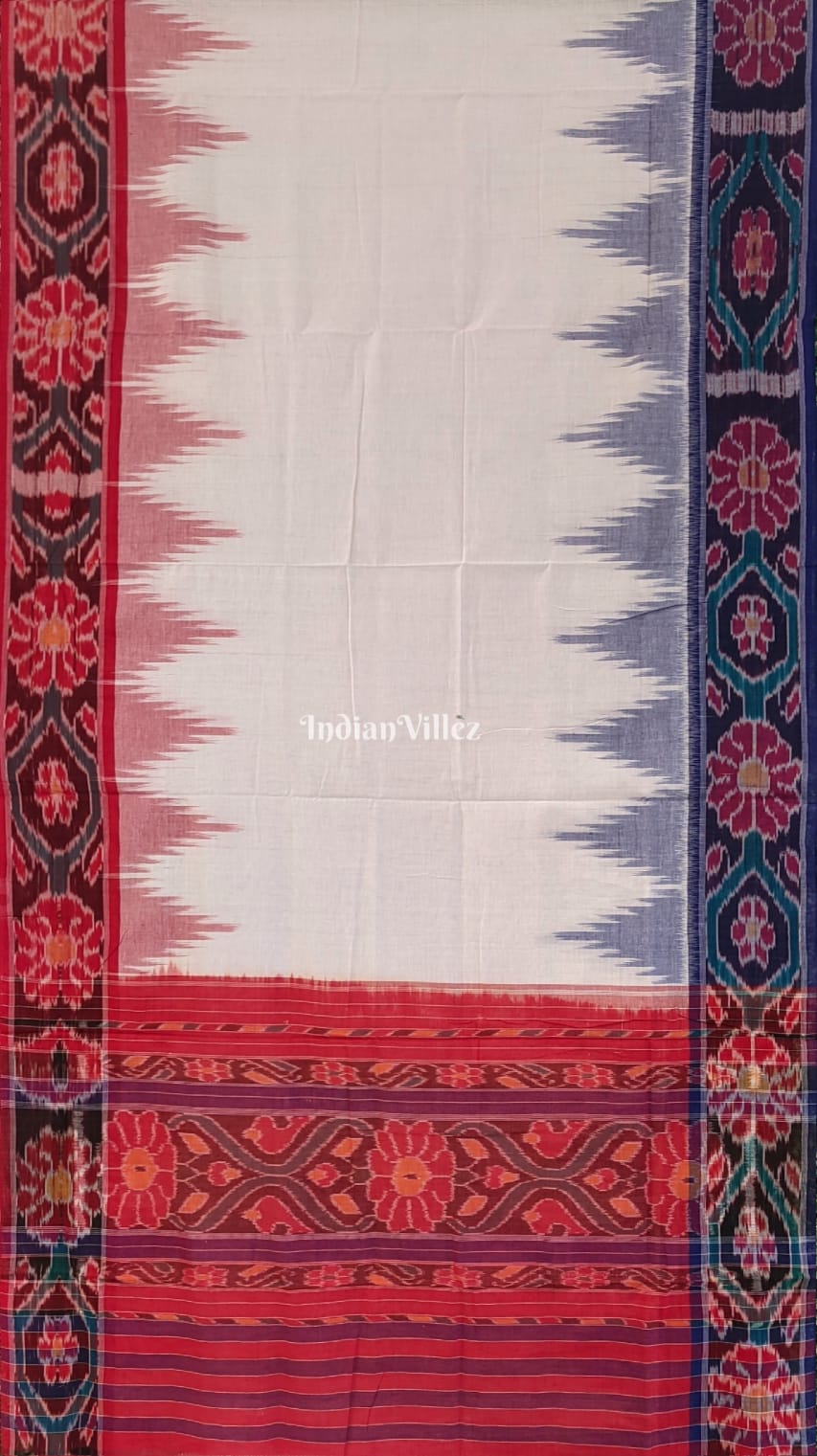 IndianVillèz White Red Odisha Ikat Sambalpuri Cotton Saree