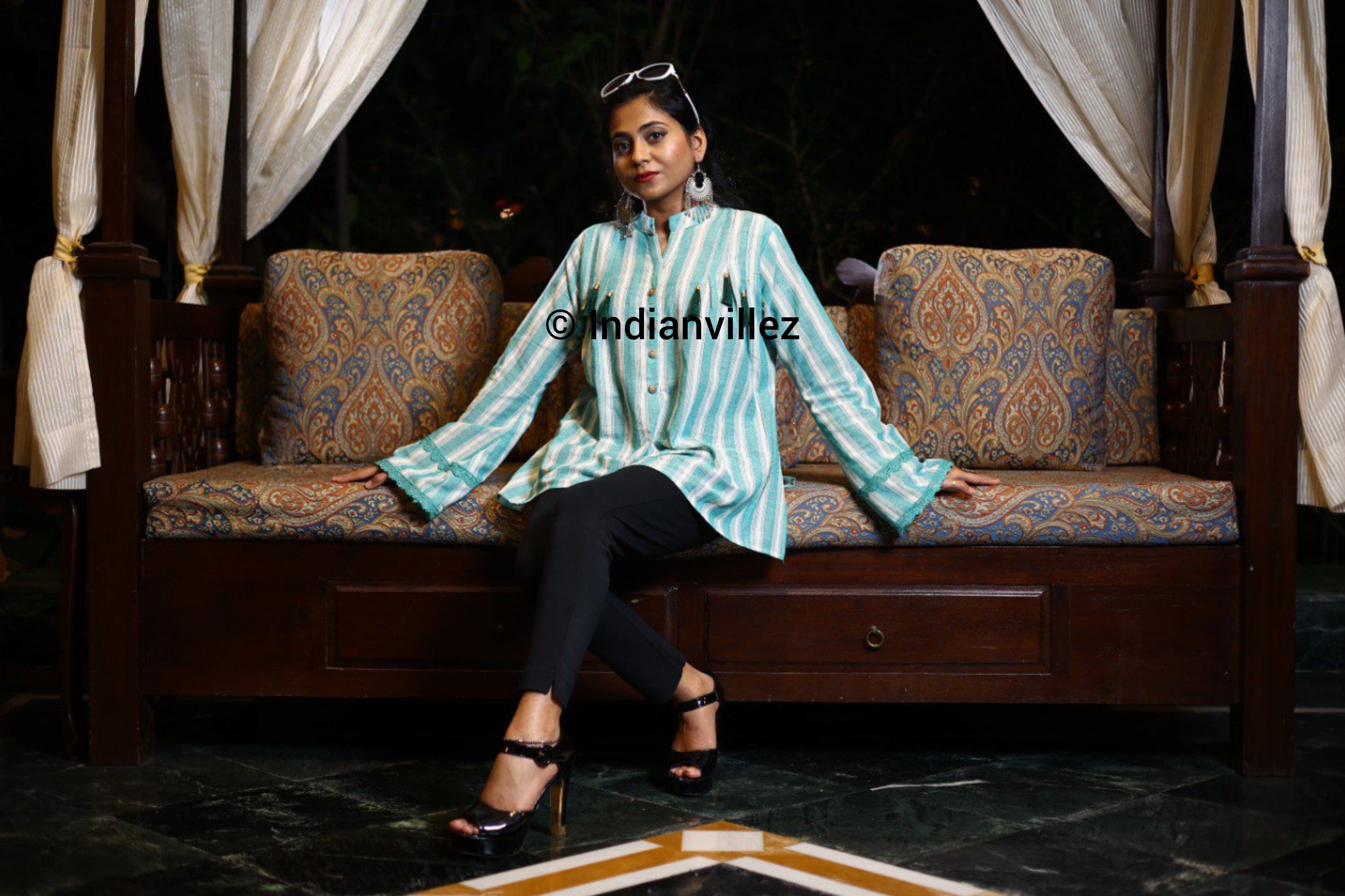 IndianVillèz Green & White Stripes Kotpad Organic Cotton Short Kurti