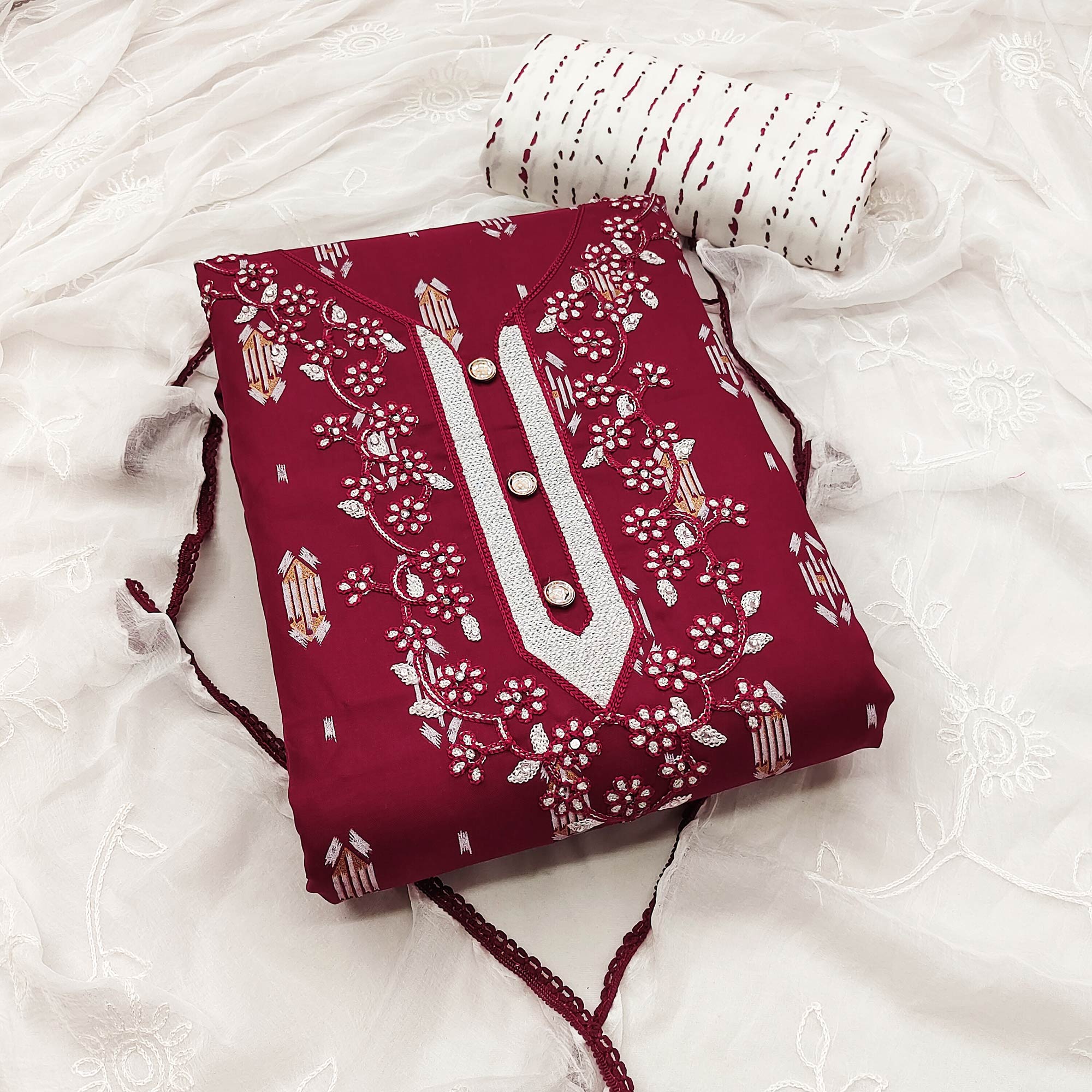 Peachmode Maroon Printed With Embroidered Rayon Dress Material