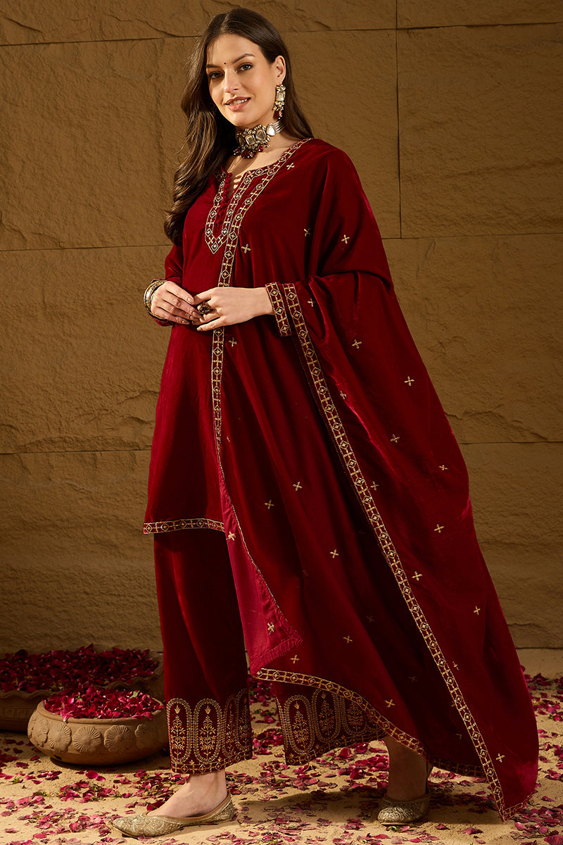 Ahika Red Velvet Solid Embroidered Straight Palazzo Suit Set PKSKD2275 - view 3