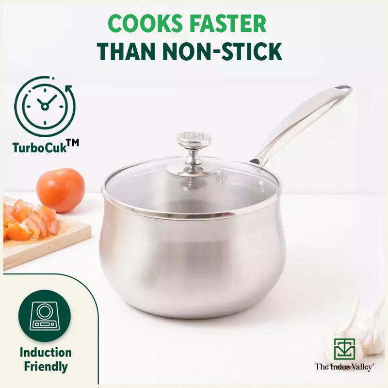 The Indus Valley TurboCuk Tri-ply Stainless Steel Saucepan/ Milk/ Tea Pan+ Glass Lid, Premium Quality, 3 Layer Thick Body, 100% Toxin-free, Non-stick, - view 7
