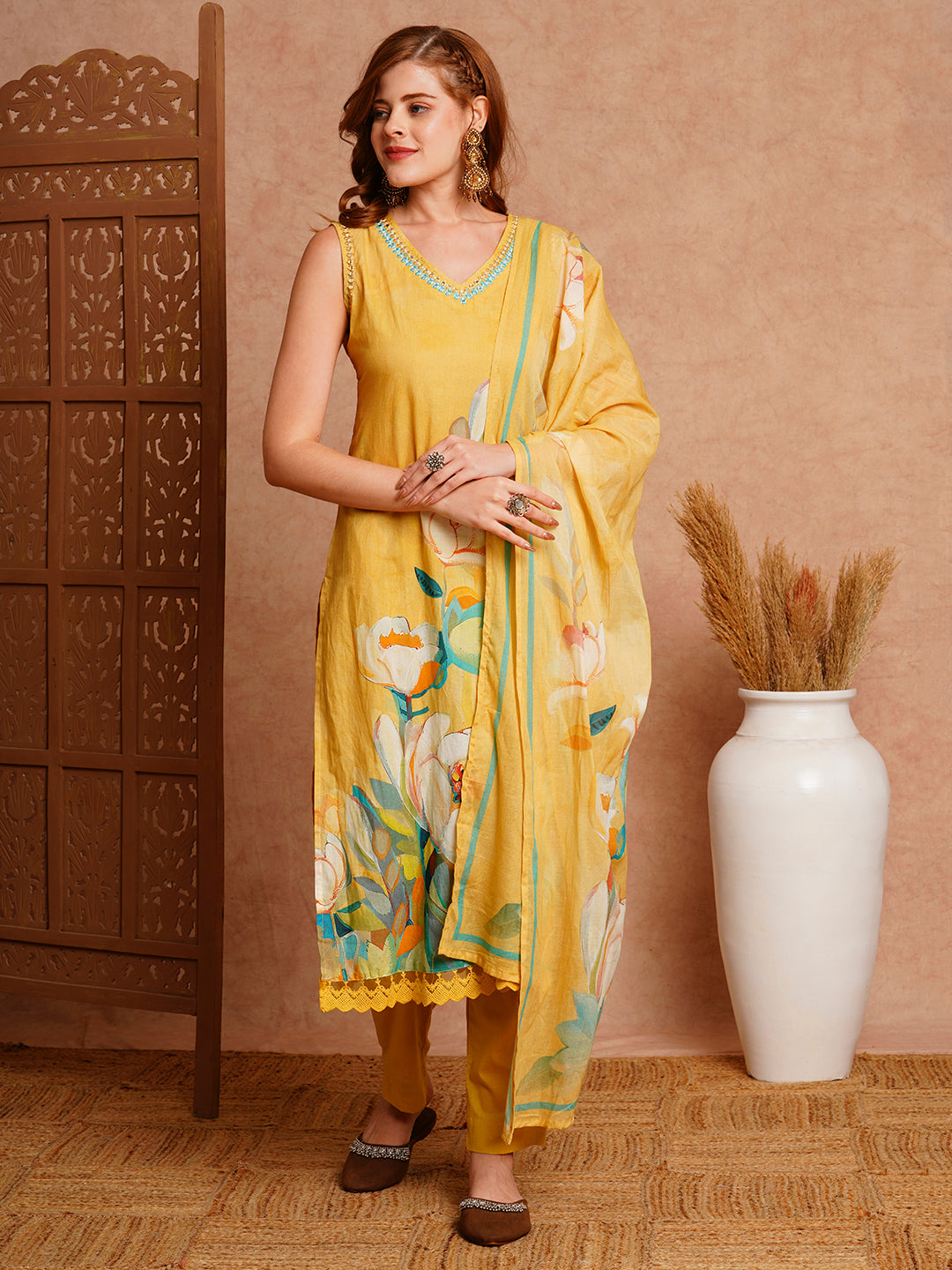 Printed embroidered kurta – FASHOR Floral Printed & Embroidered Kurta with Pant & Pure Cotton Dupatta - Yellow