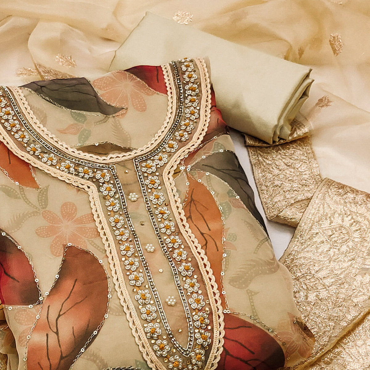 Peachmode Chikoo Floral Printed With Hand Embroidered Organza Dress Material - view 2