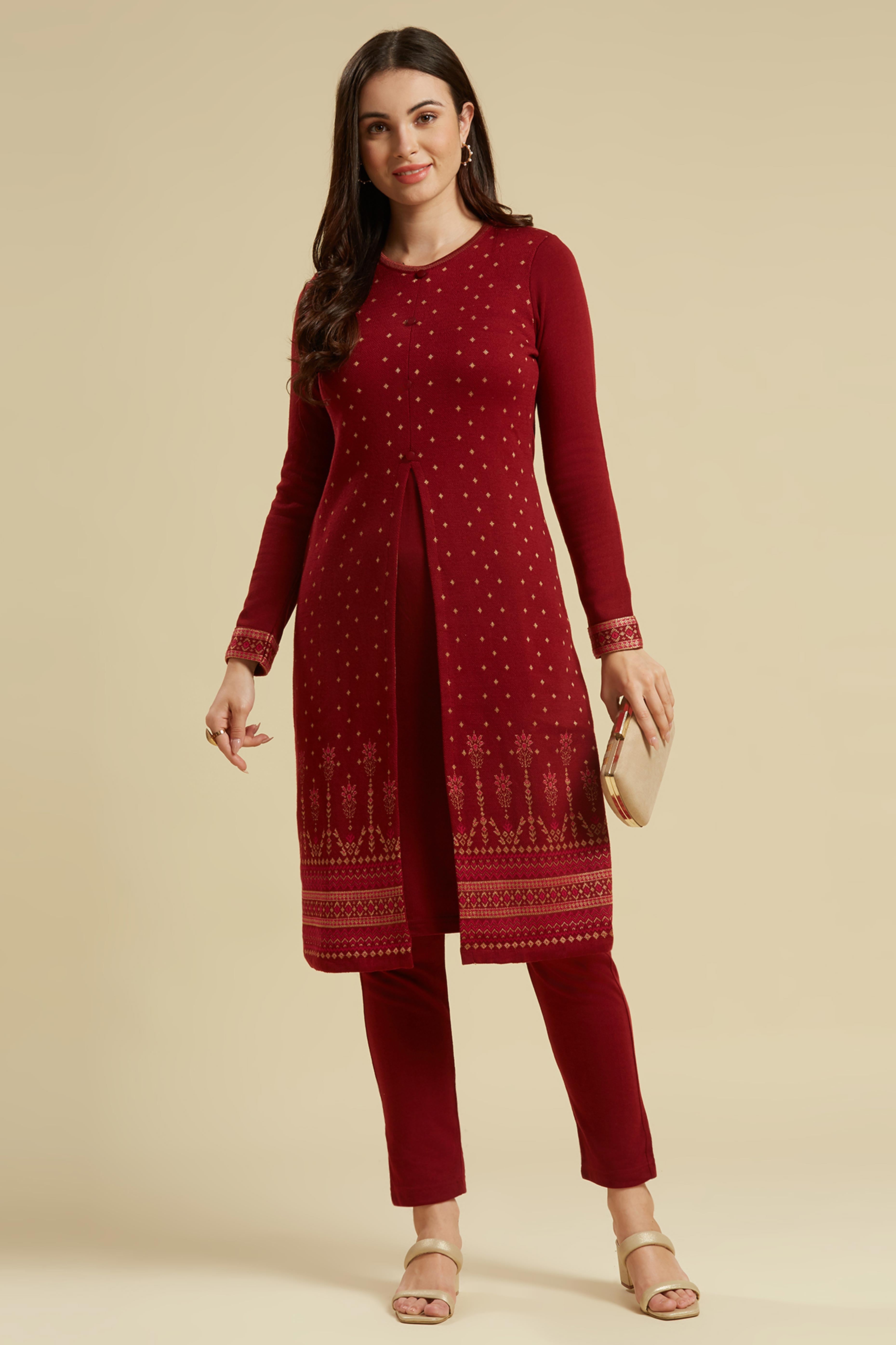 Peachmode Maroon Floral Woolen Top Bottom Set
