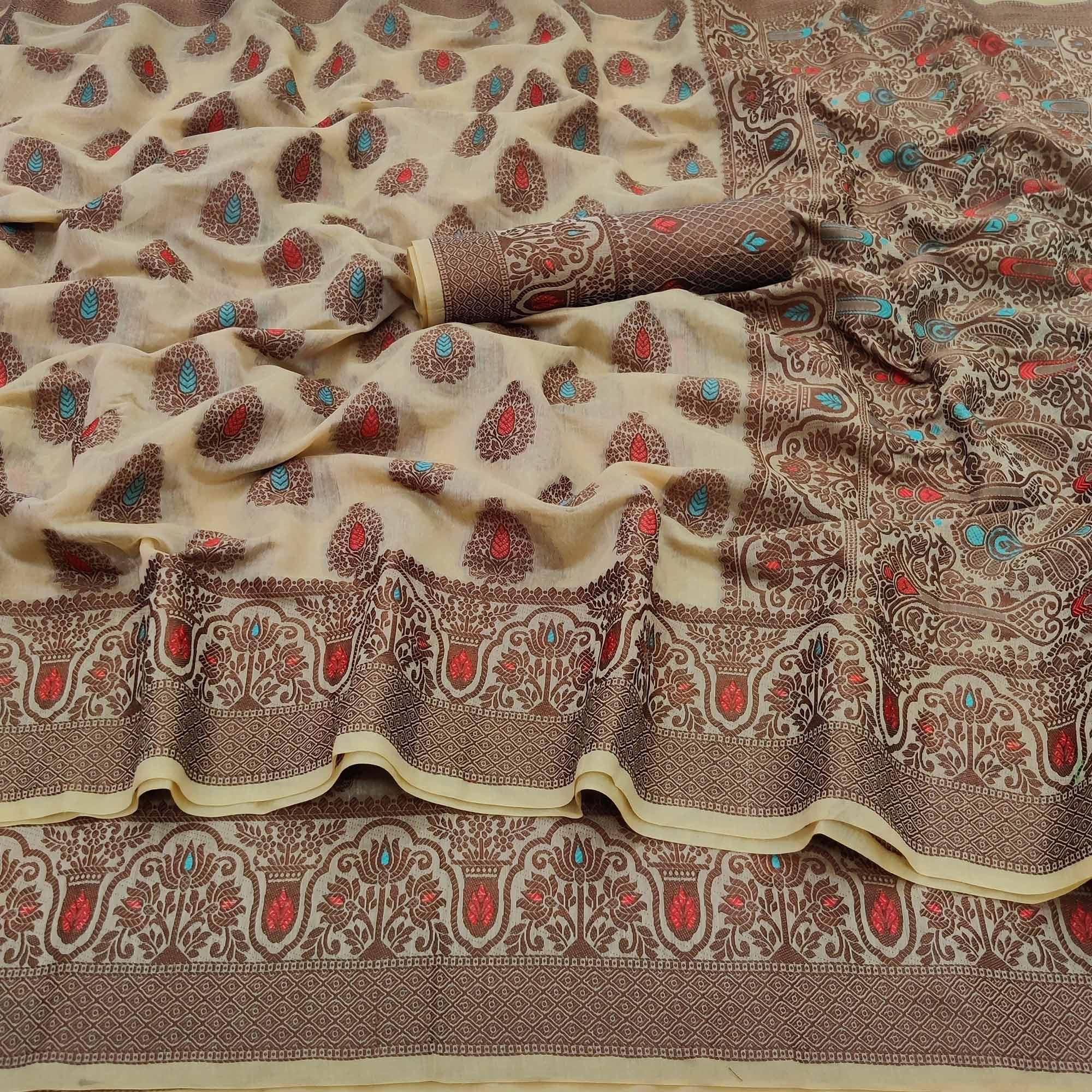Peachmode Cream Festive Wear Woven Cotton Silk Saree - view 3
