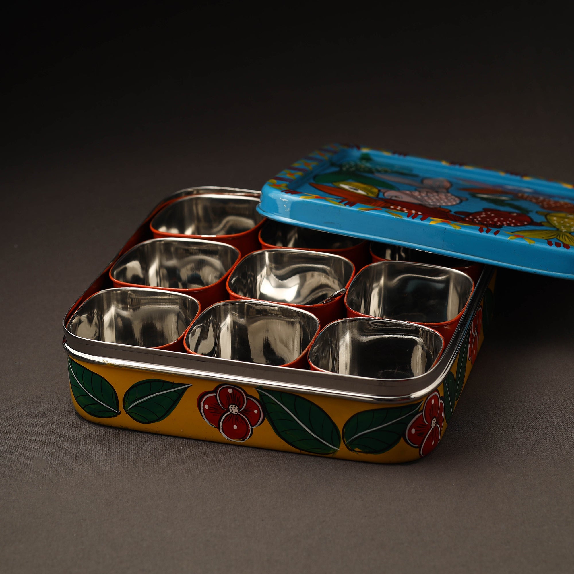 AAYAAS Blue - Bengal Patua Handpainted Stainless Steel Square Masala Box (9 x 9 in) - view 2