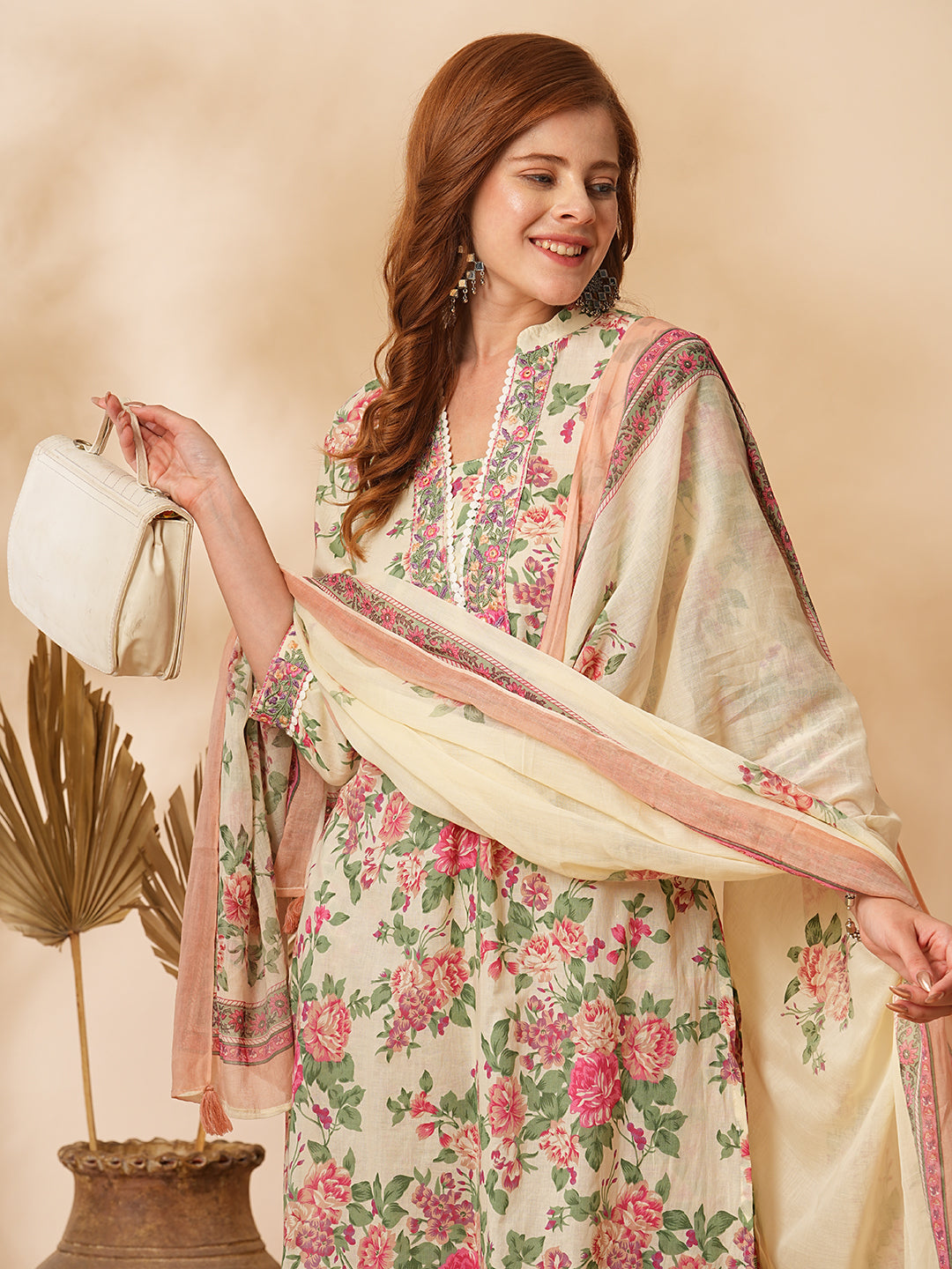 Fashor Floral Printed & Embroidered A-Line Kurta with Pant & Dupatta - Cream - view 2