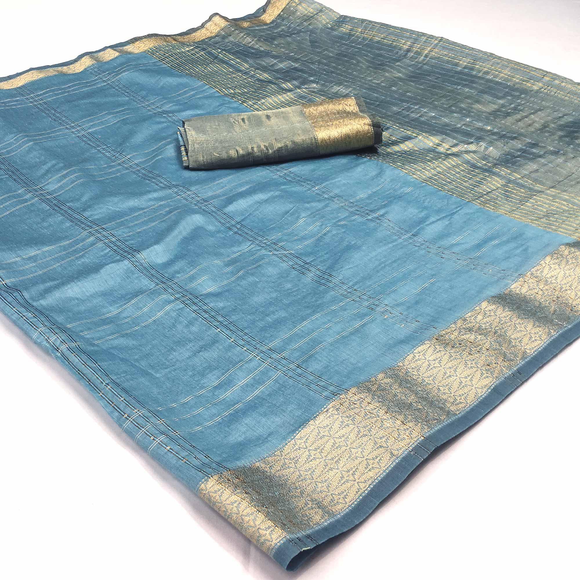 Peachmode Blue Woven-Sequins Work Chanderi Saree