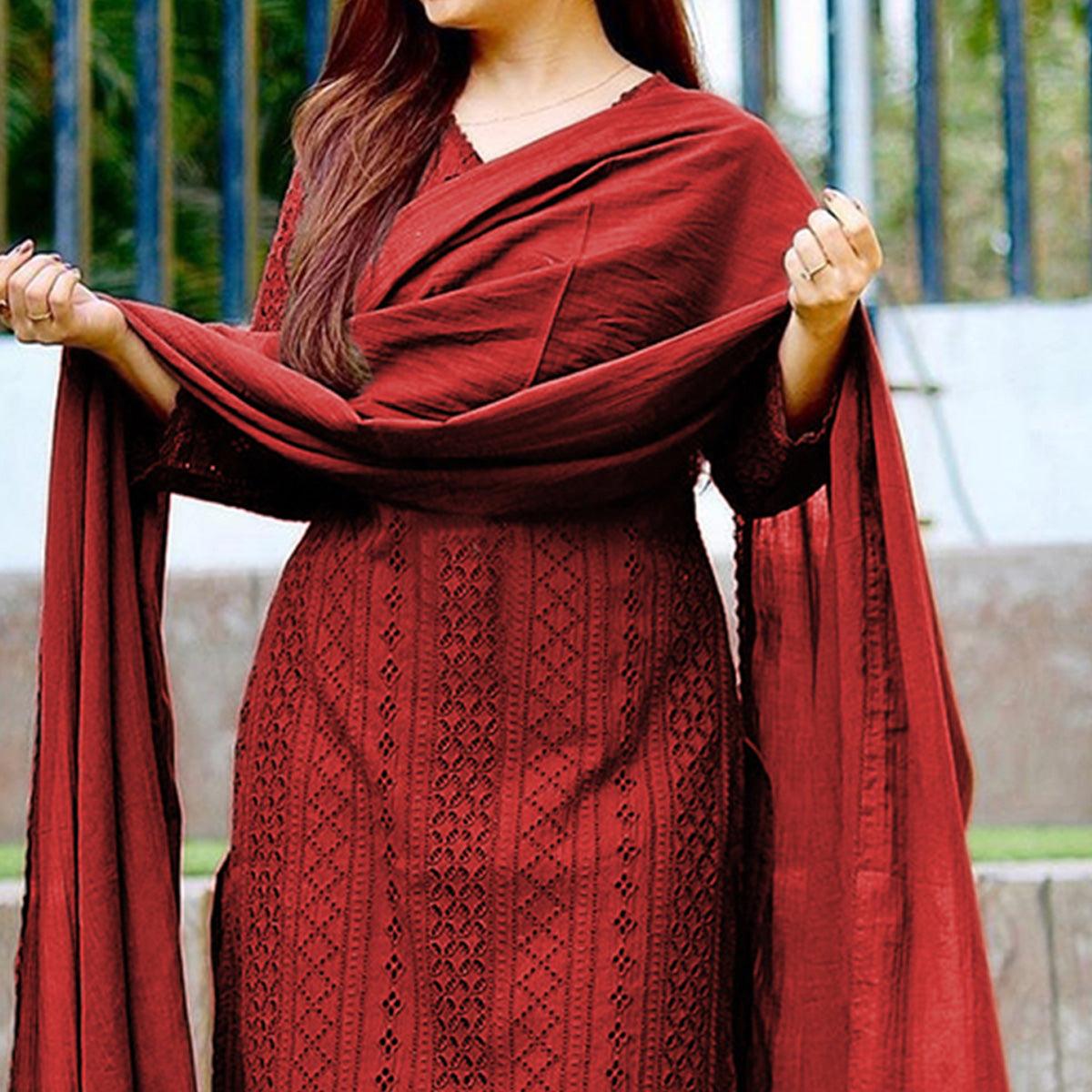 Peachmode Seller Maroon Lucknowi Embroidered Rayon Suit - view 2
