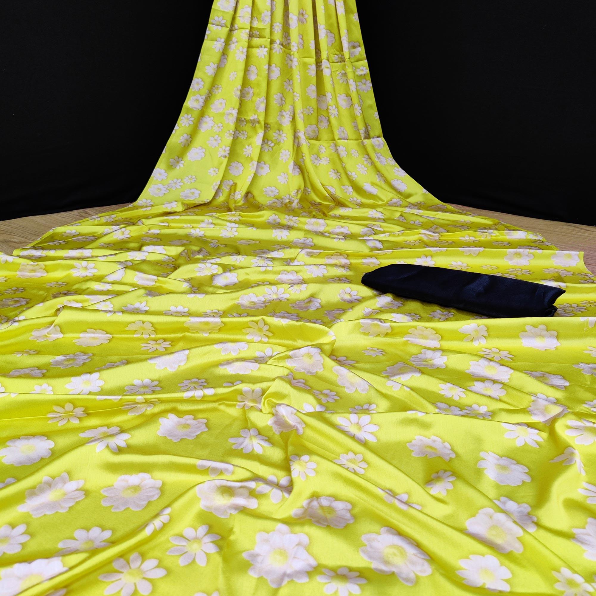 Peachmode Jazzy Yellow Coloured Casual Wear Digital Printed Satin Saree