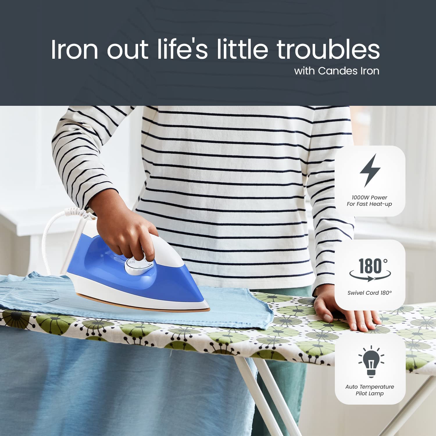 Candes EI108 Light Weight Electric Dry Iron 100% Non Stick Teflon Coating (1 Year Warranty) Blue & White - view 2