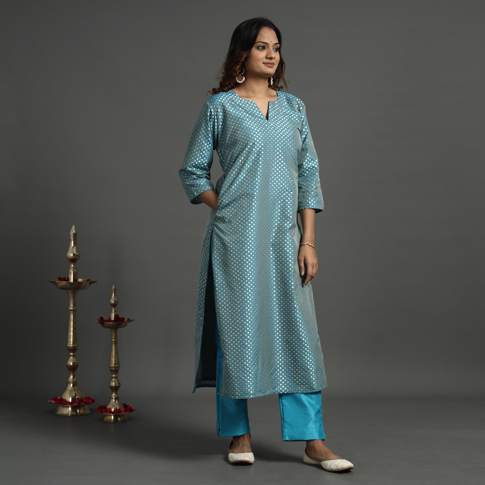ITOKRI CASUALS Aqua Blue - Elegant Banarasi Brocade Silk Kurta with Pant Set