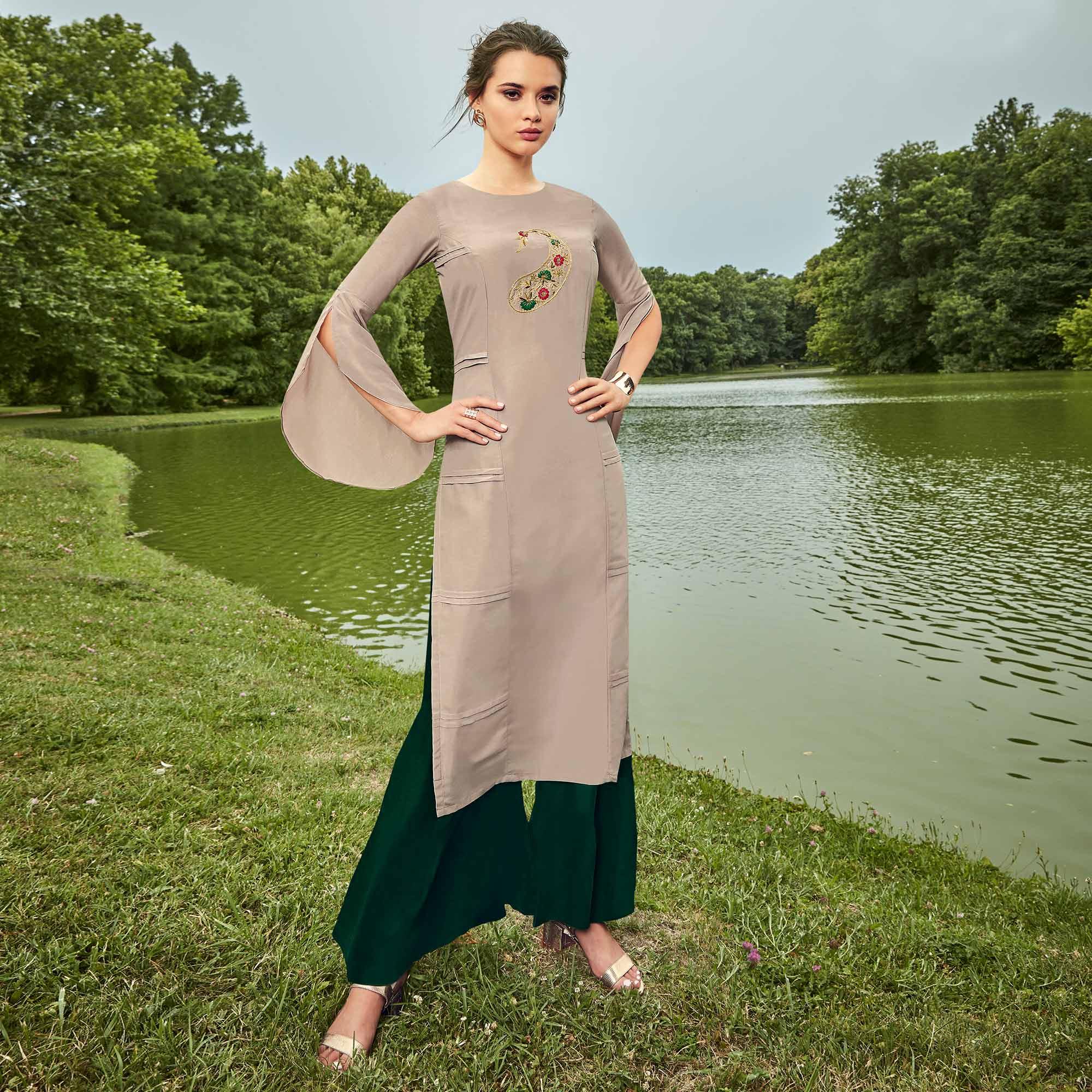 Peachmode Seller Impressive Light Grey Colored Partywear Hand Embroidered Muslin Silk Kurti-Palazzo Set