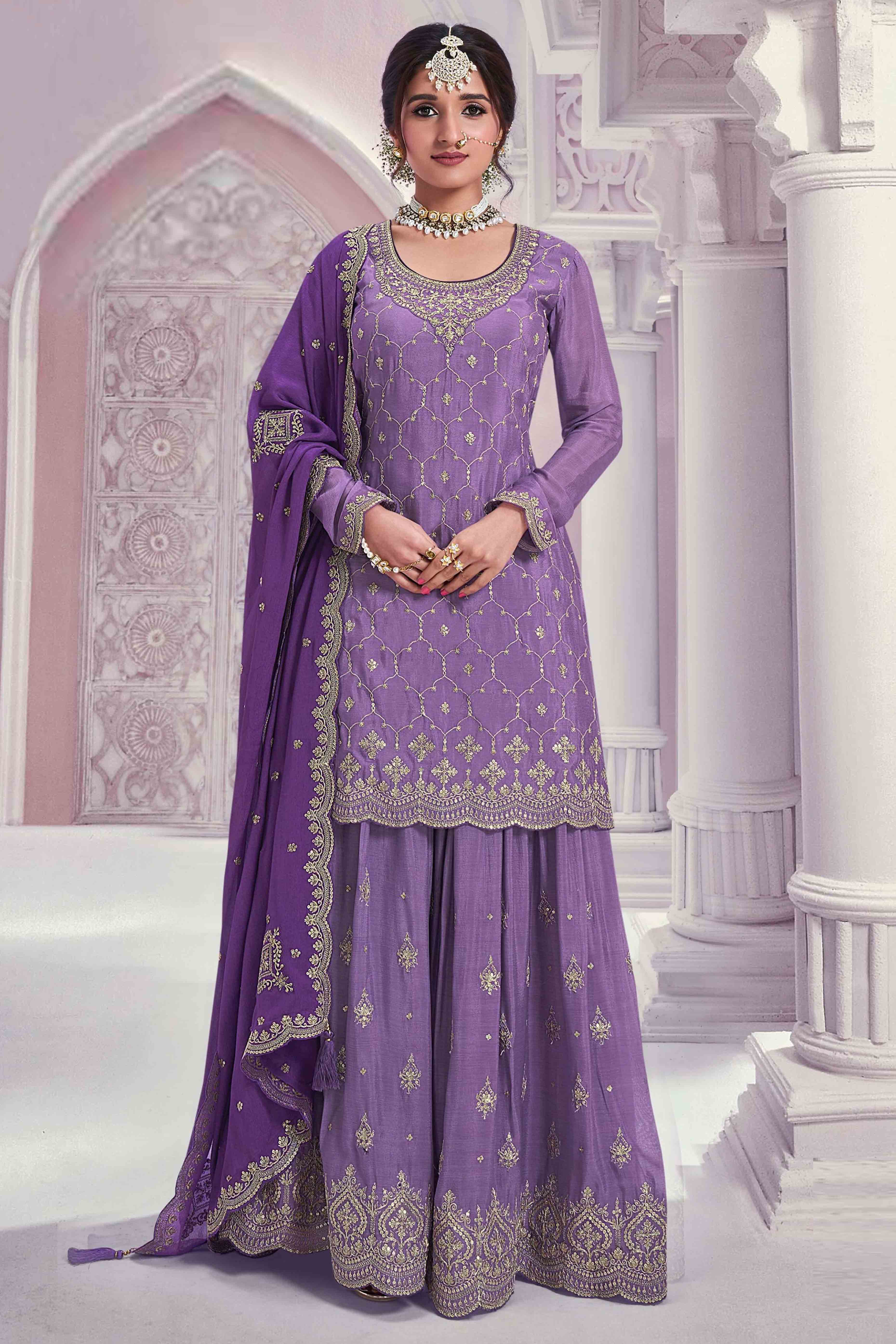 Peachmode Seller Lavender Sequins Embroidered Chinon Sharara Suit