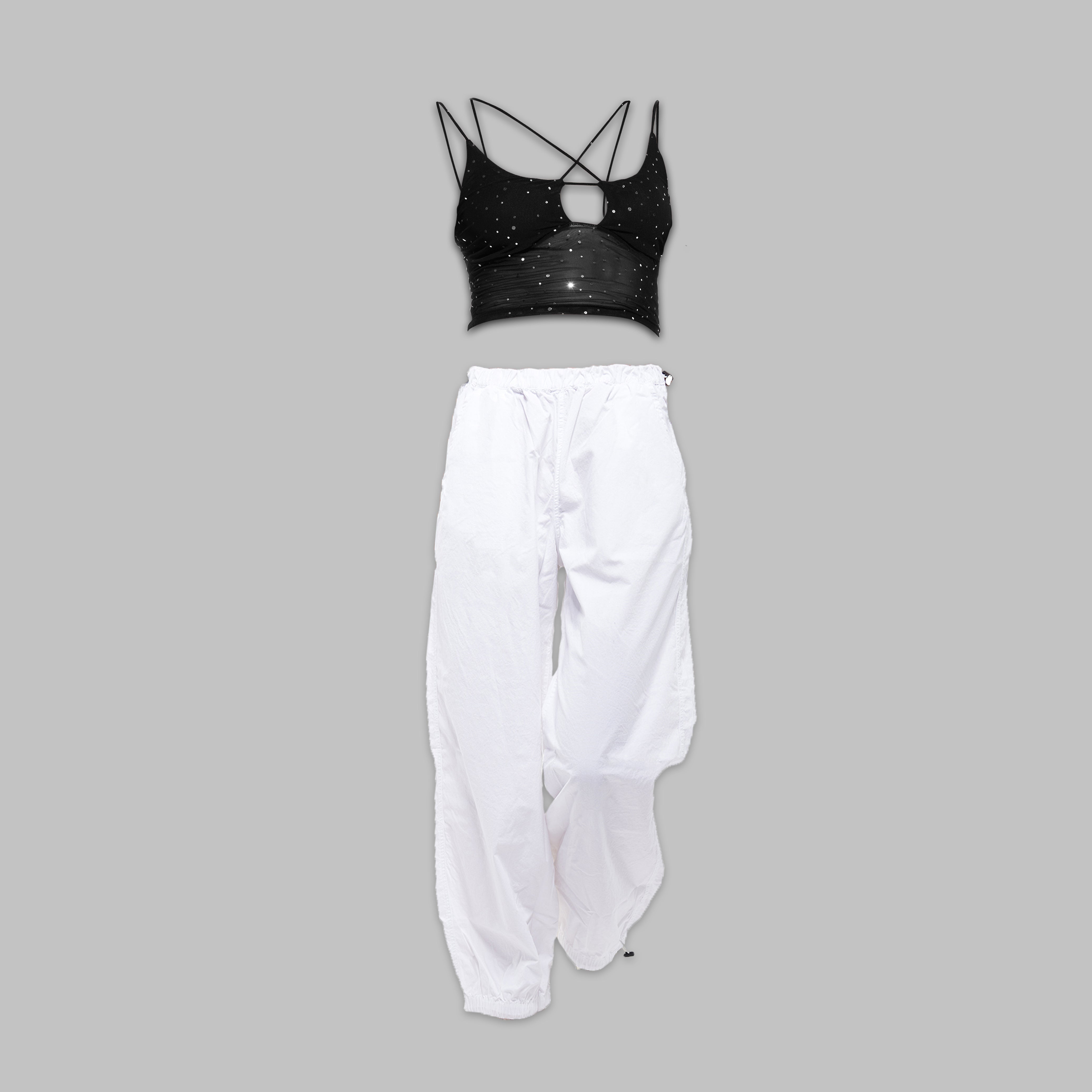 Mesh top white – I Z F Sequin Mesh Top & White Parachute pant
