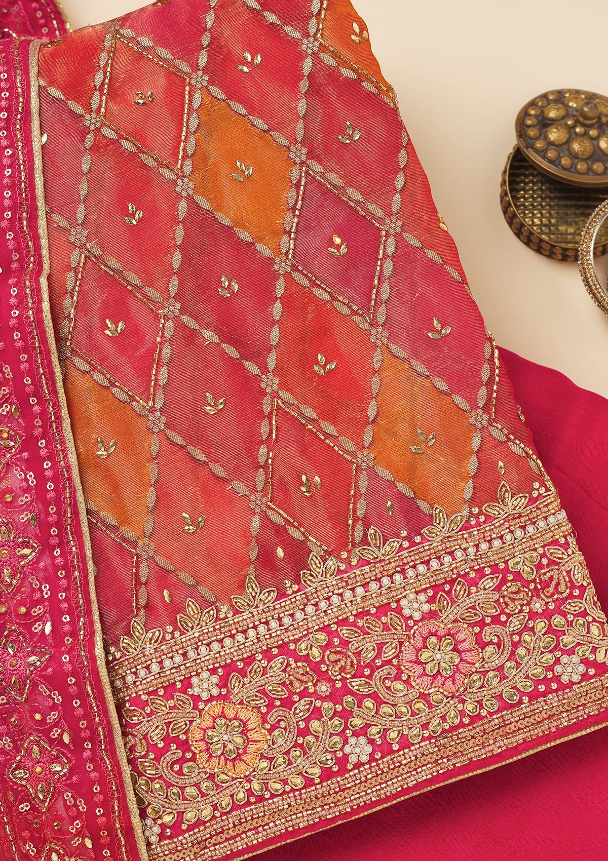 Koskii Red Stonework Semi Crepe Unstitched Salwar Suit - view 2
