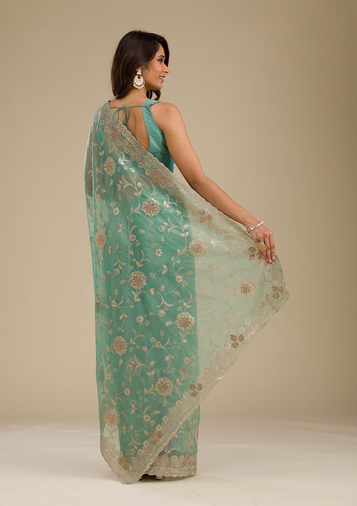 Koskii Sea Green Zariwork Tissue Saree – Women's - view 2