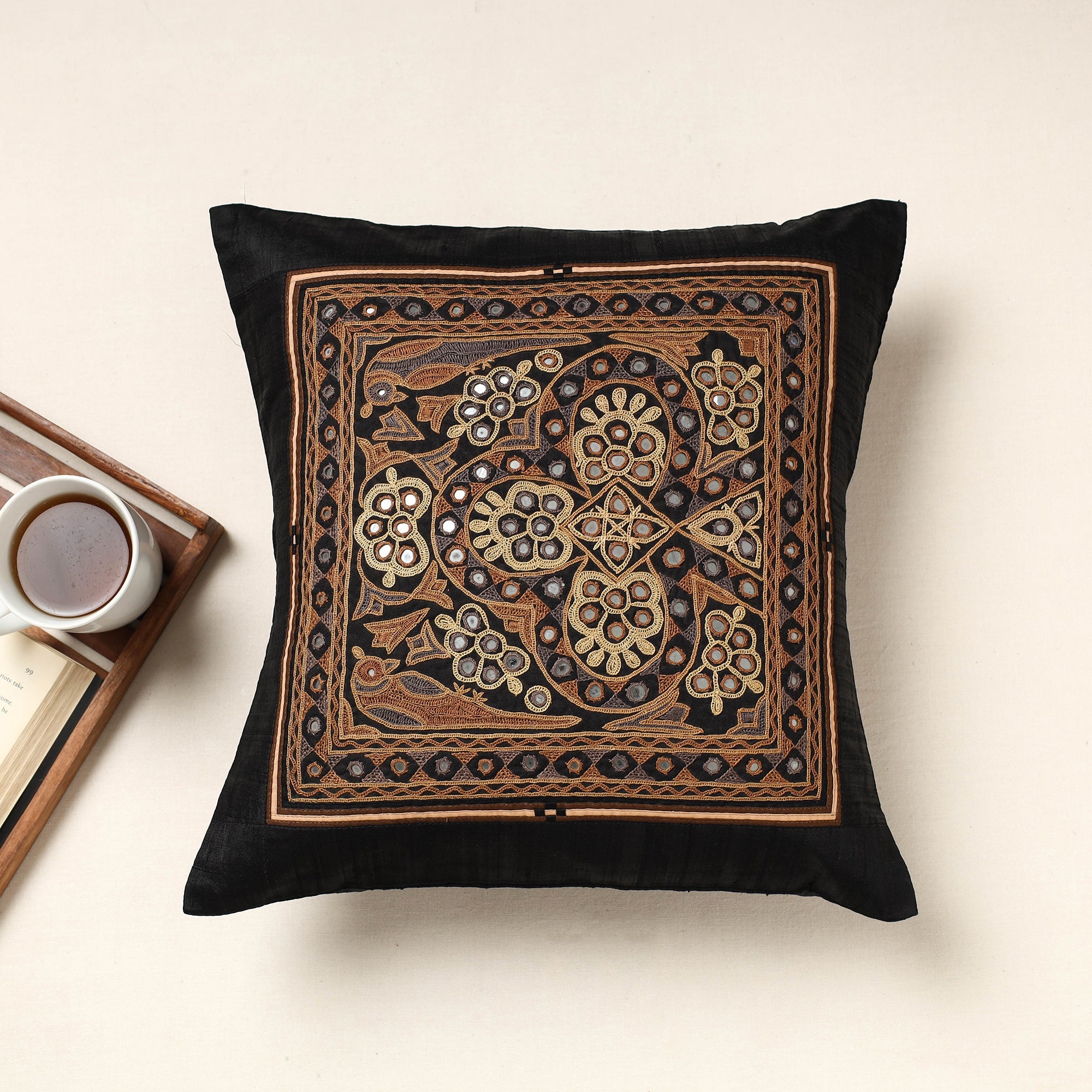 QASAB Black - Kutch Ahir Hand Embroidery Silk Cushion Cover (16 x 16 in)