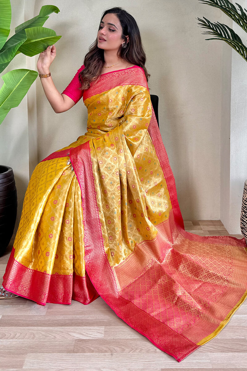 Tasrika Staring Yellow Soft Banarasi Tissue Silk Saree With Ravishing Blouse Piece - view 4